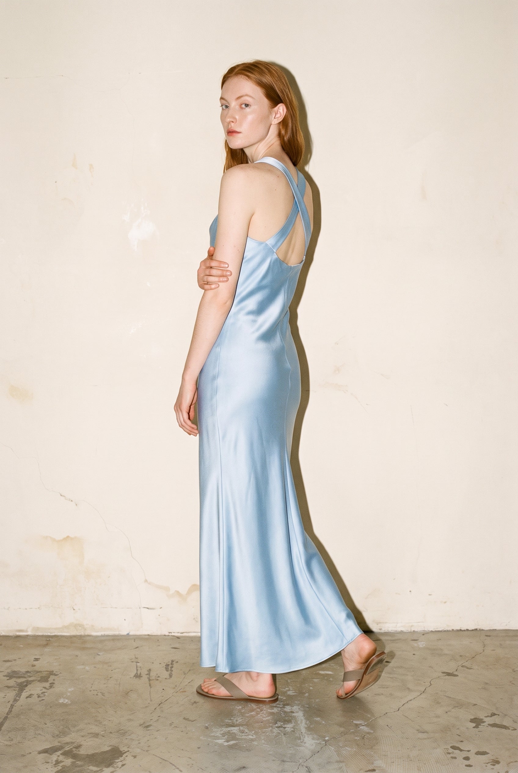 Satin Twist Back Maxi Dress Sky