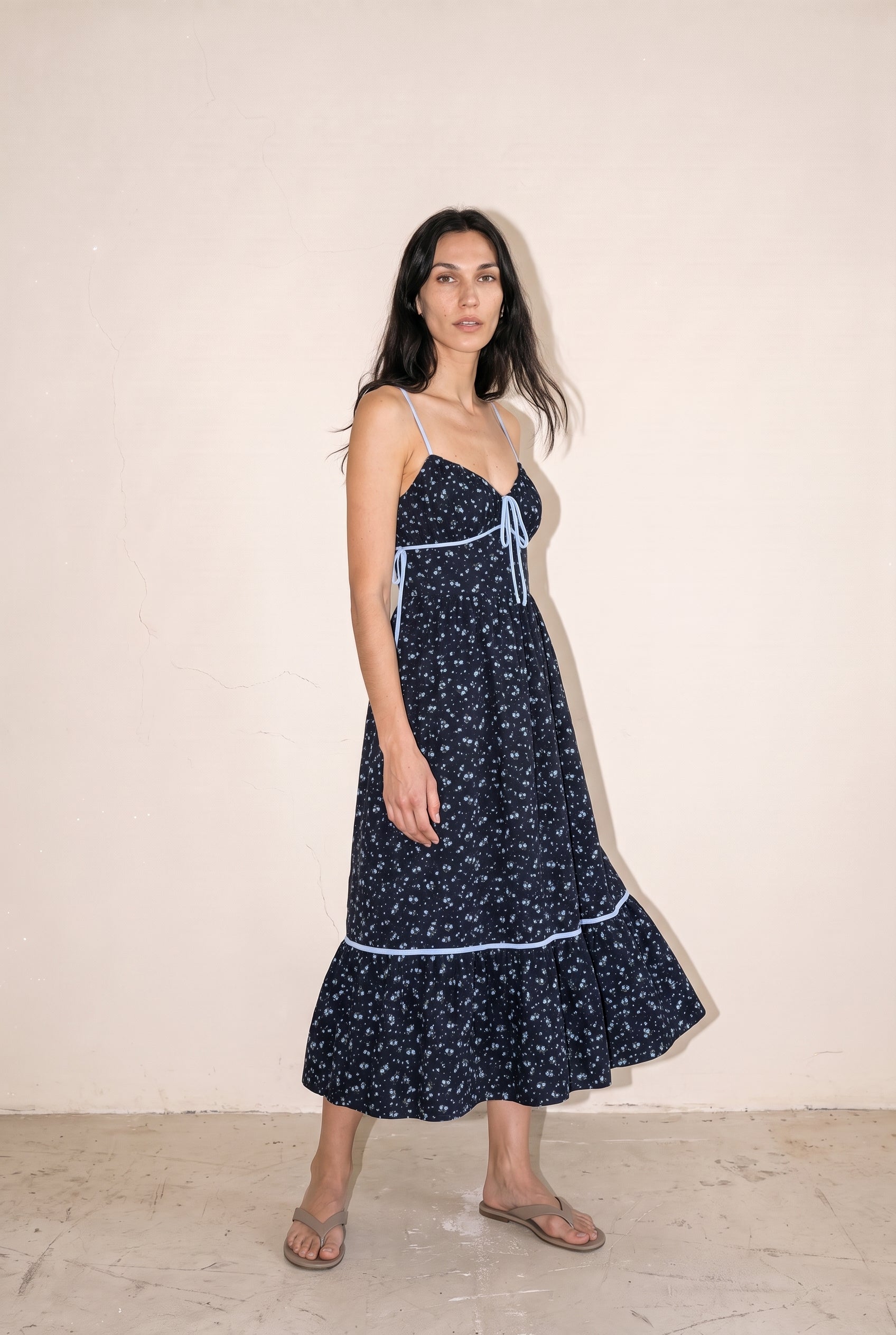Floral Printed Gingham Contrast Midi Dress Navy
