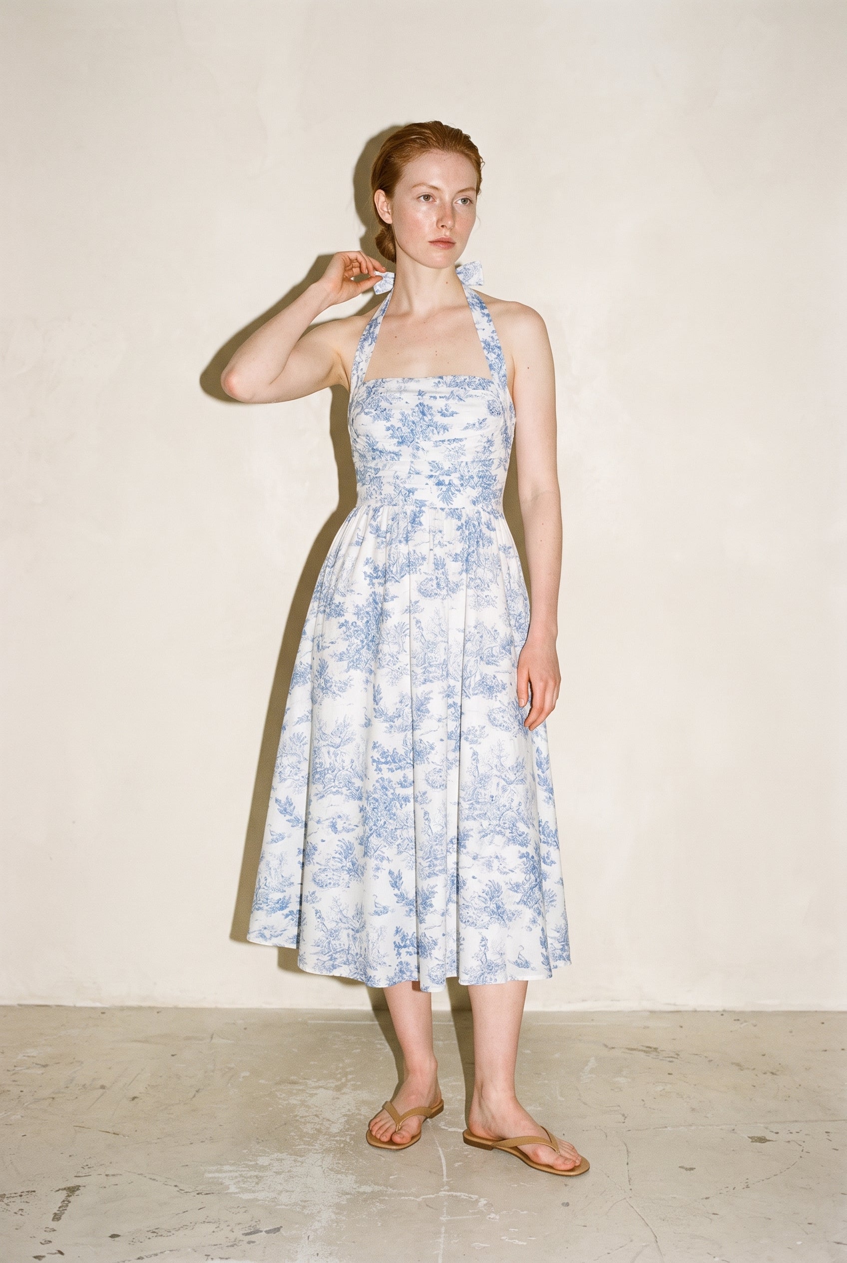 Halter Tie Back Chest Elastic Back Waisted Midi Dress White/Navy
