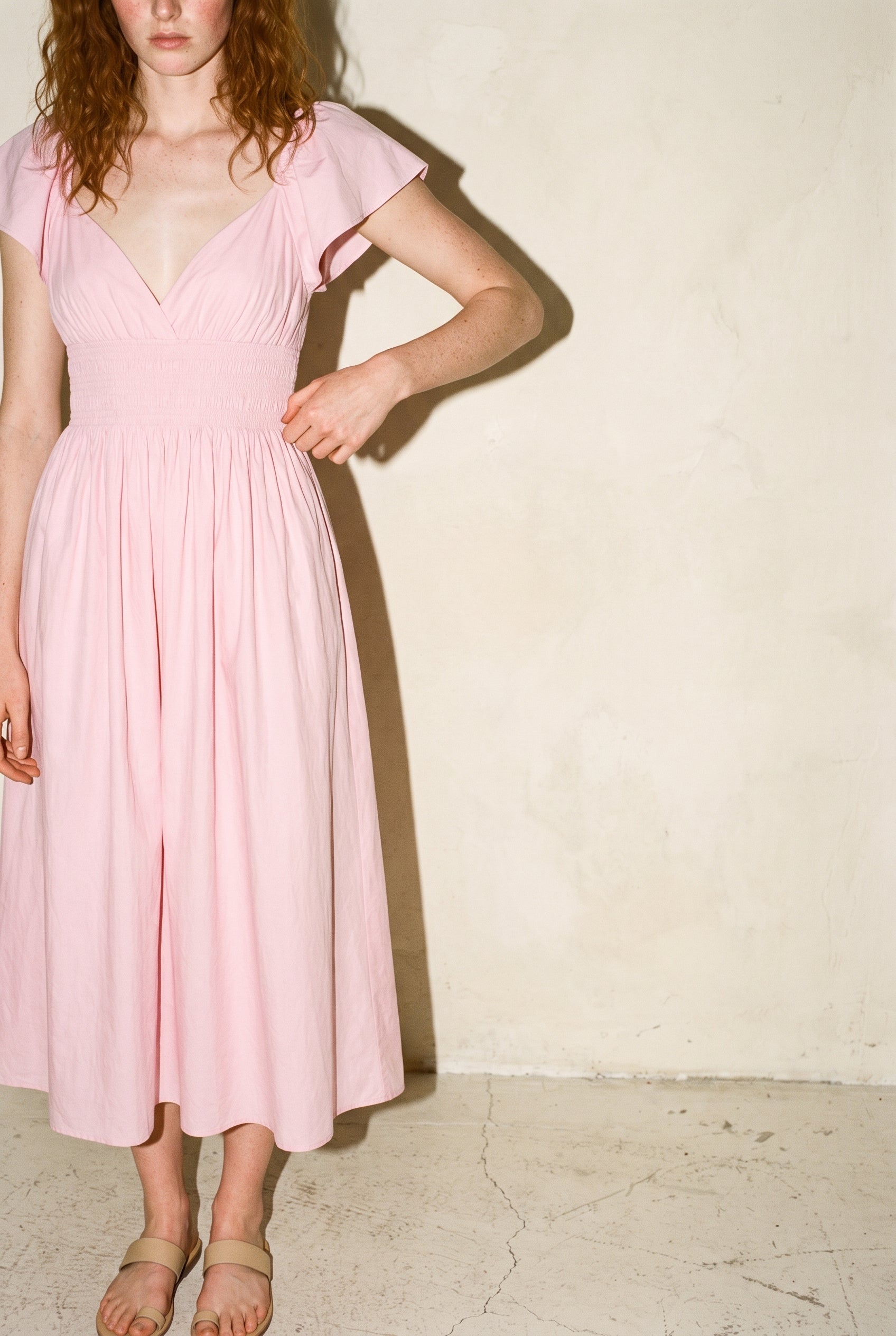 Poplin Frill Sleeves Midi Dress Light Mauve
