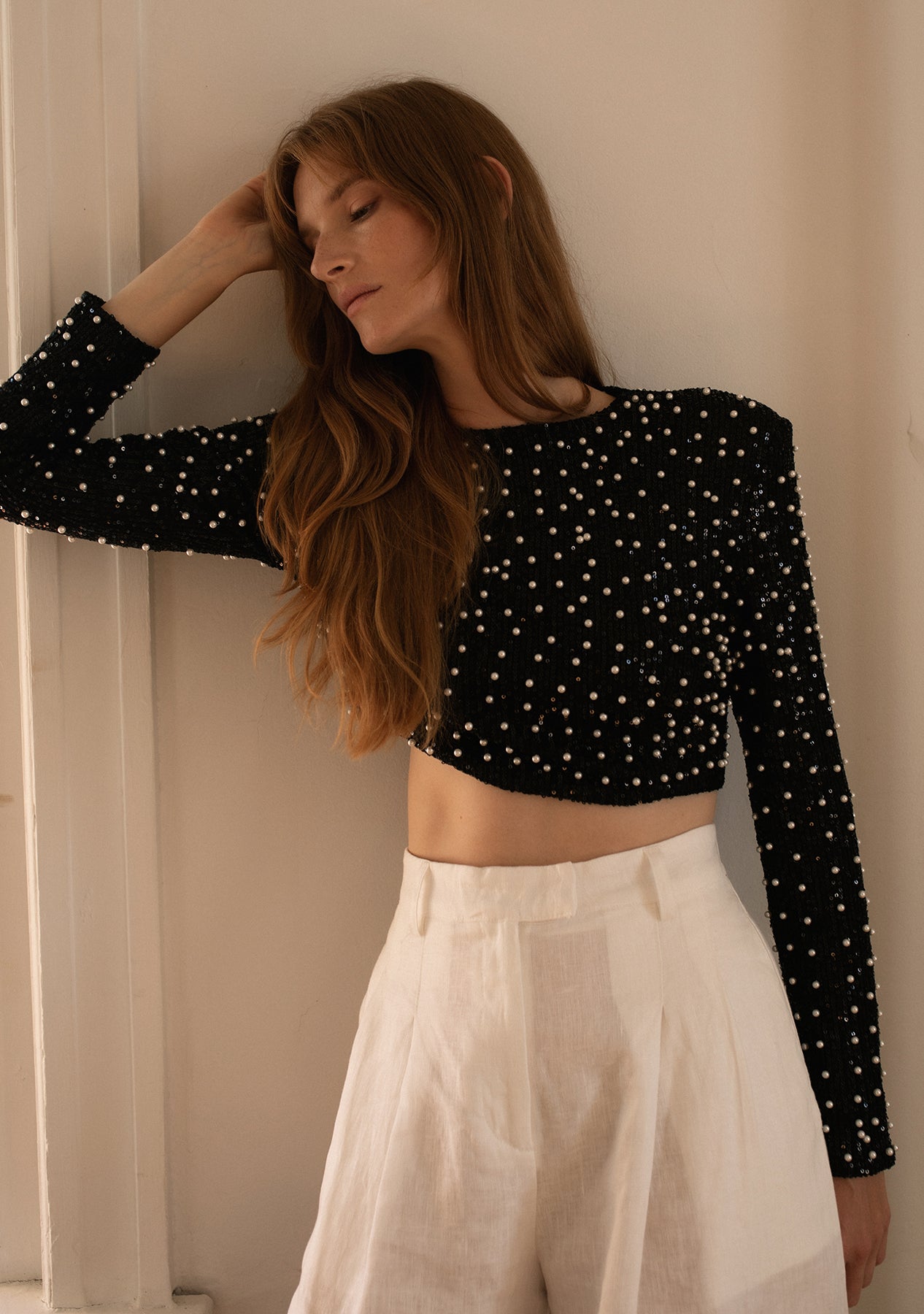 Pearl w Sequin Shoulder Pad Crop Top