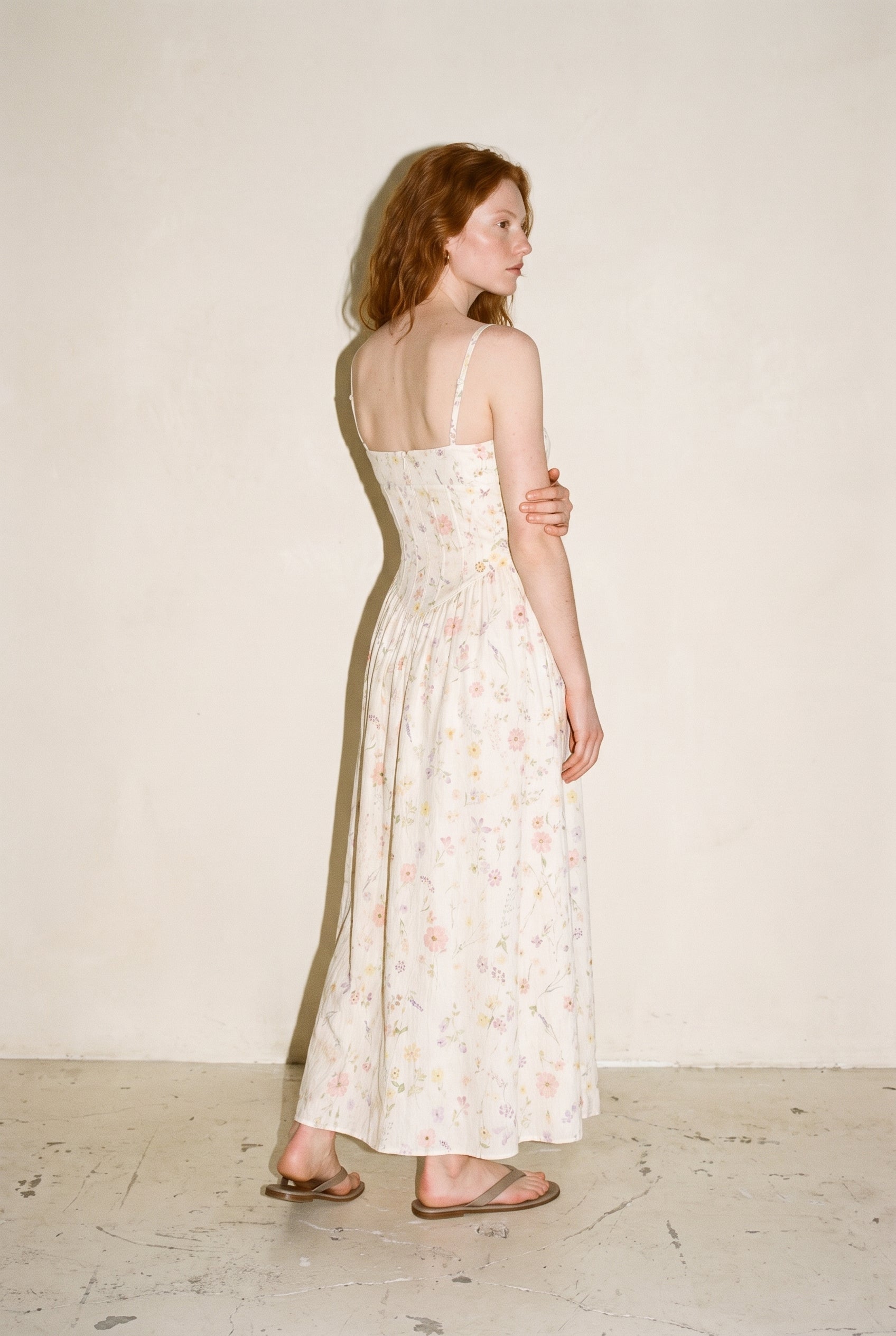 Magnolia Cotton Corset Boning Maxi Dress Cream Floral