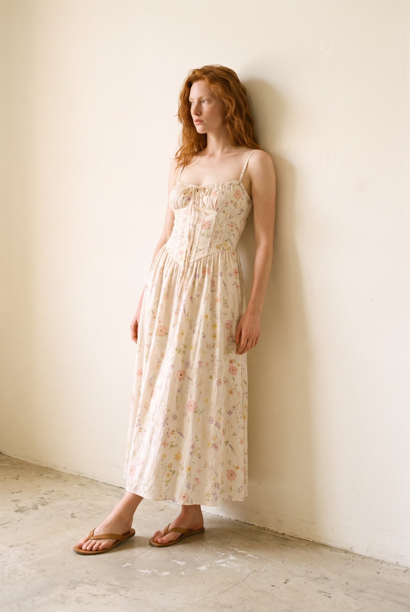 Magnolia Cotton Corset Boning Maxi Dress Cream Floral