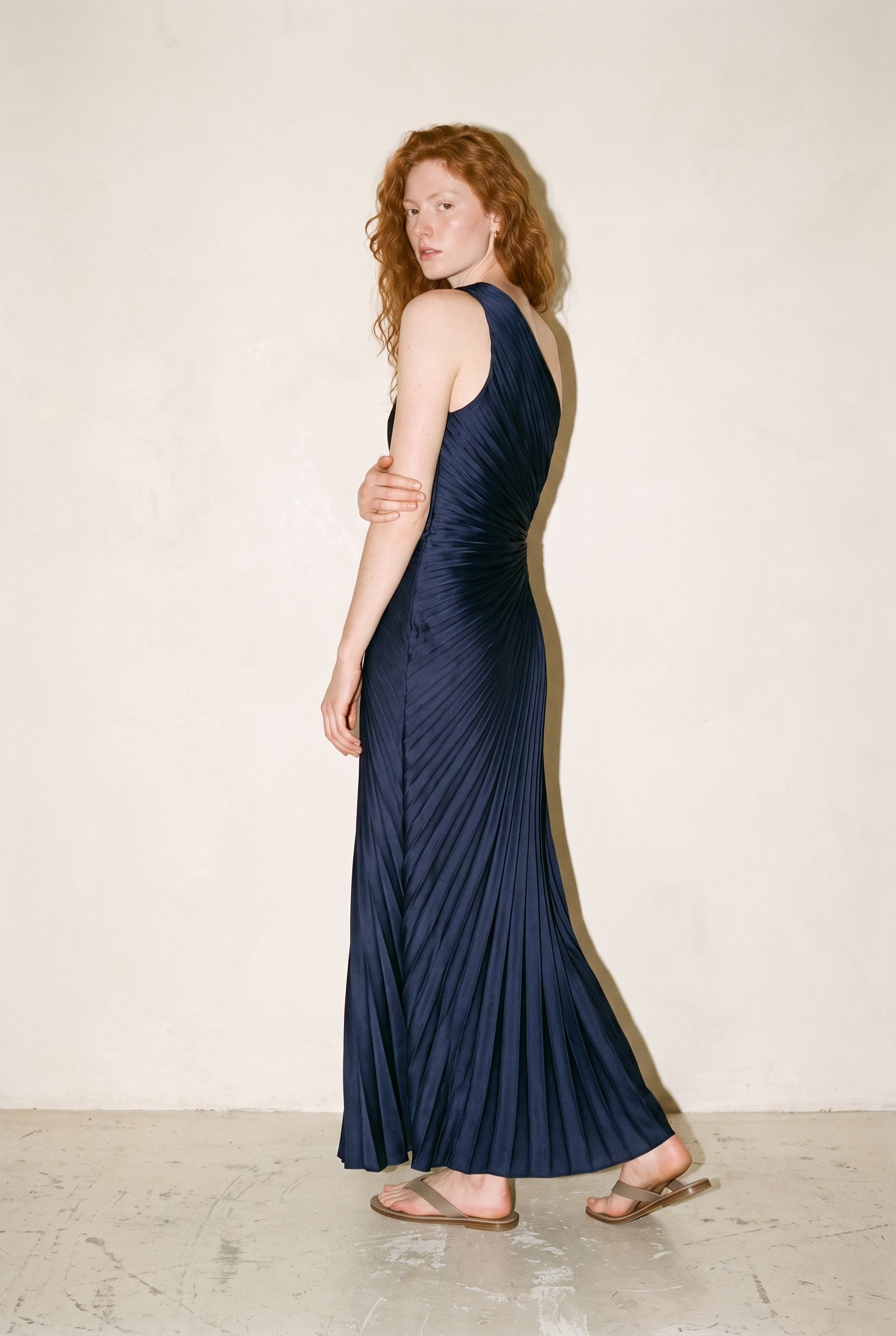 Olympia Asymmetrical Pleated Maxi Dress