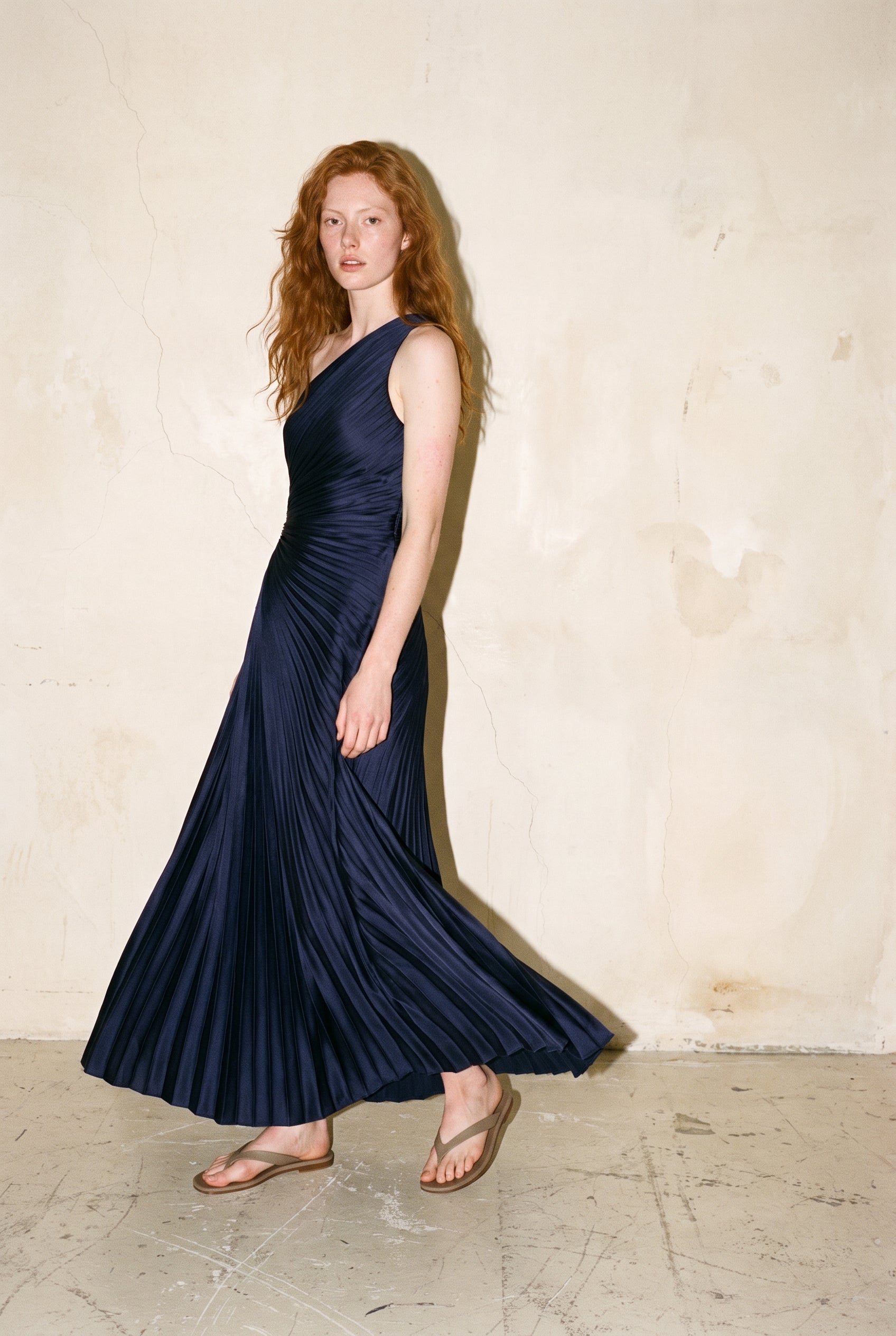 Olympia Asymmetrical Pleated Maxi Dress