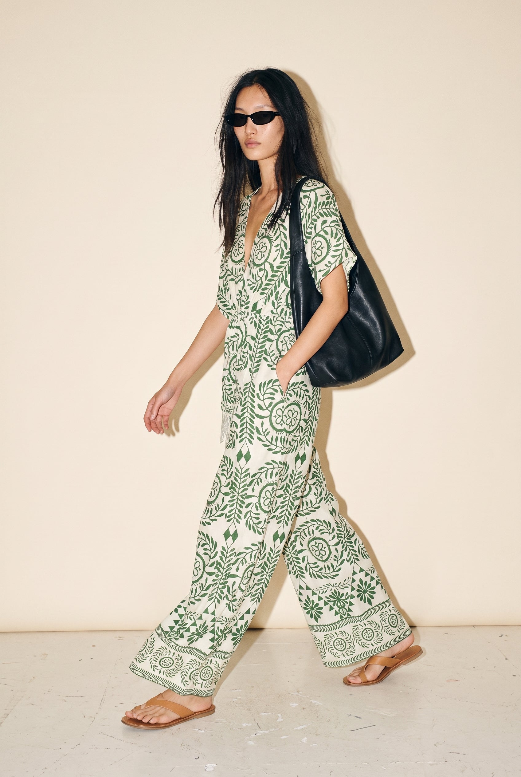 Kimono Sleeve Elastic Back Waisted Border Printed Jumpsuit Ivory/Green Aakaa