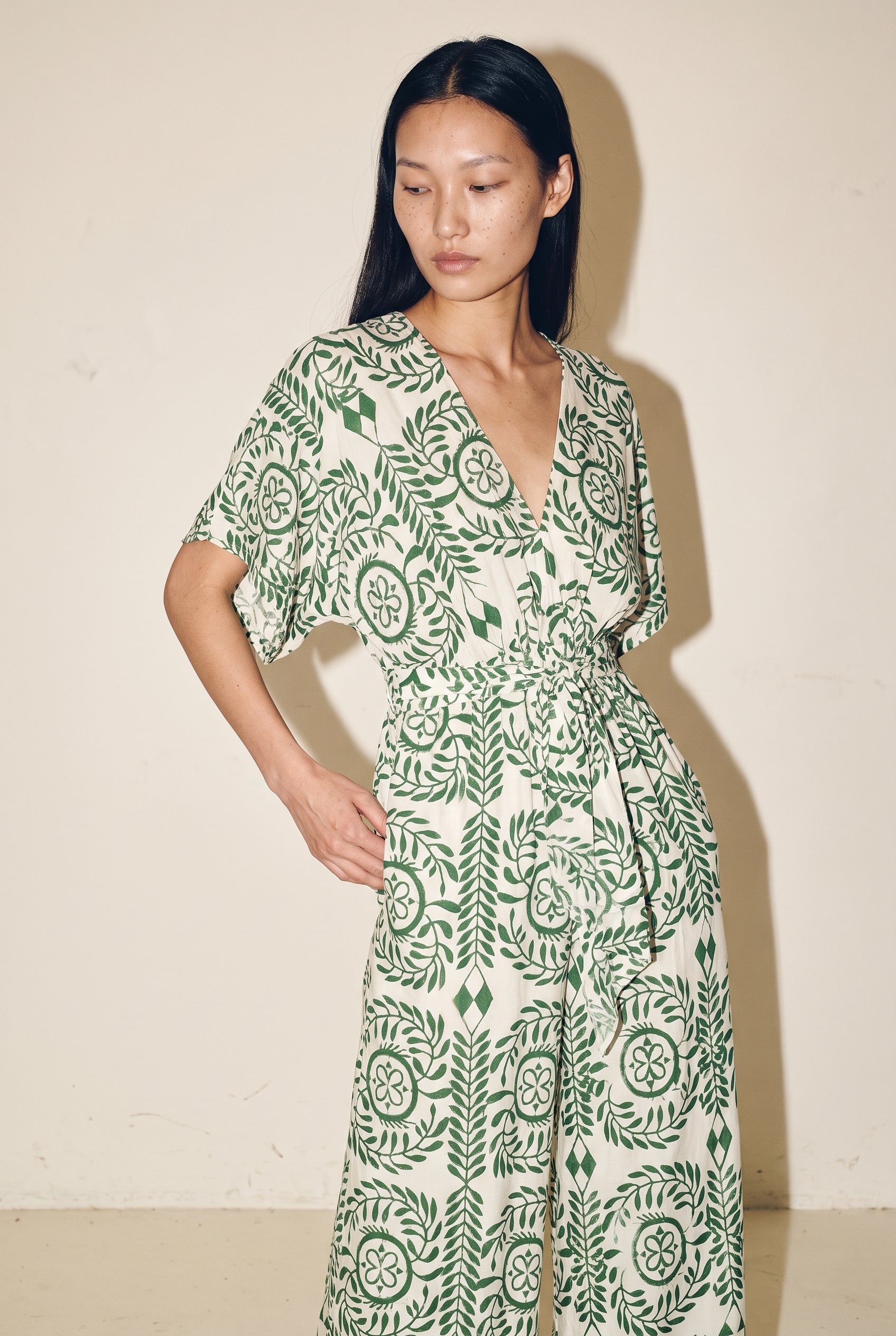 Kimono Sleeve Elastic Back Waisted Border Printed Jumpsuit Ivory/Green Aakaa