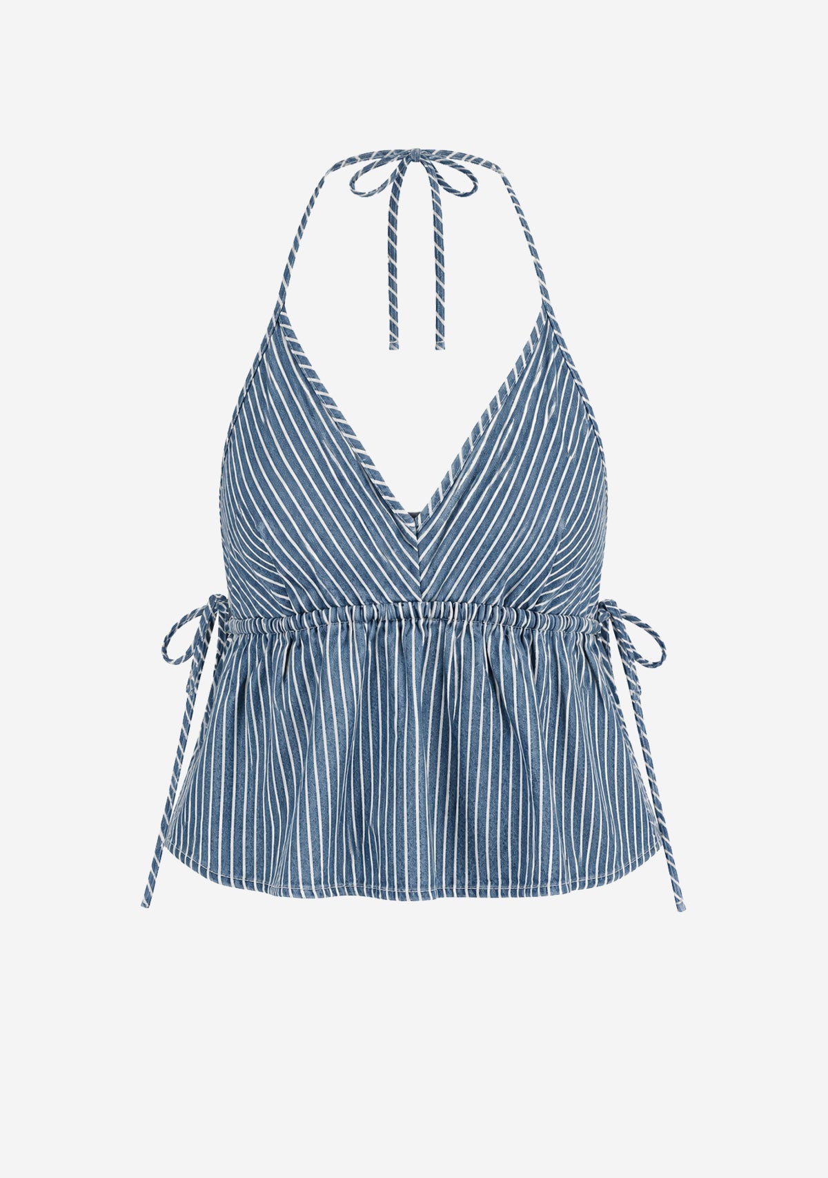 Halter Sleeveless Top W Tunnering Self Ties At Side Seams Denim White Stripe