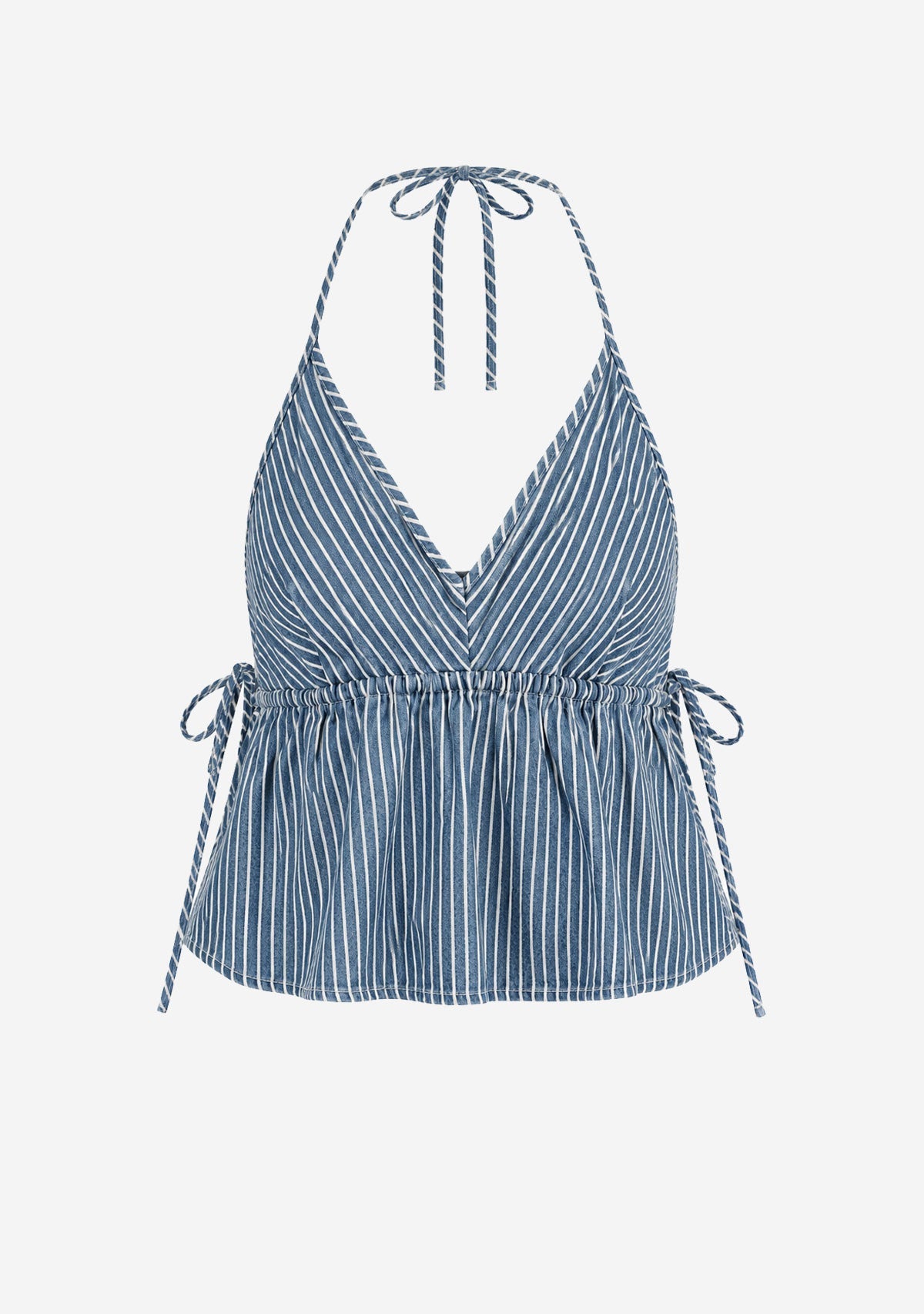 Halter Sleeveless Top W Tunnering Self Ties At Side Seams Denim White Stripe SUNDAY EDITION