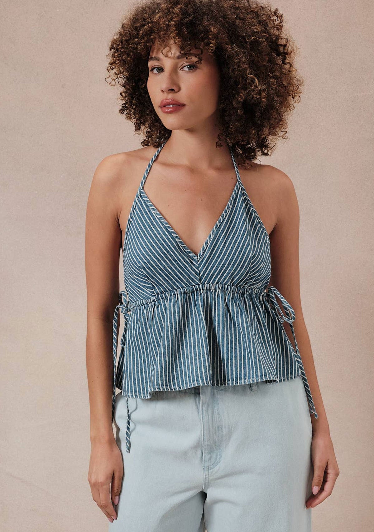 Halter Sleeveless Top W Tunnering Self Ties At Side Seams Denim White Stripe