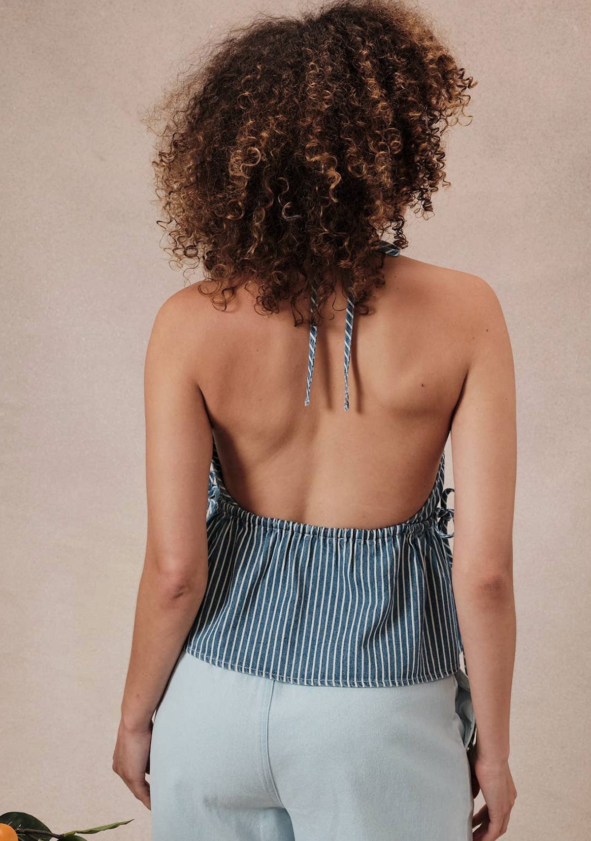 Halter Sleeveless Top W Tunnering Self Ties At Side Seams Denim White Stripe SUNDAY EDITION