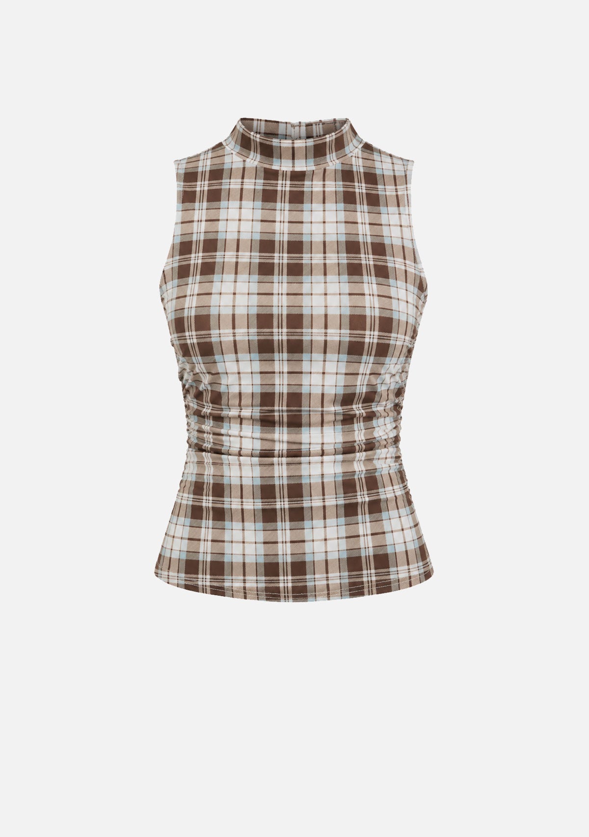 Mock Neck Sleeveless Power Mesh Plaid Top Coco Ivory Stripe