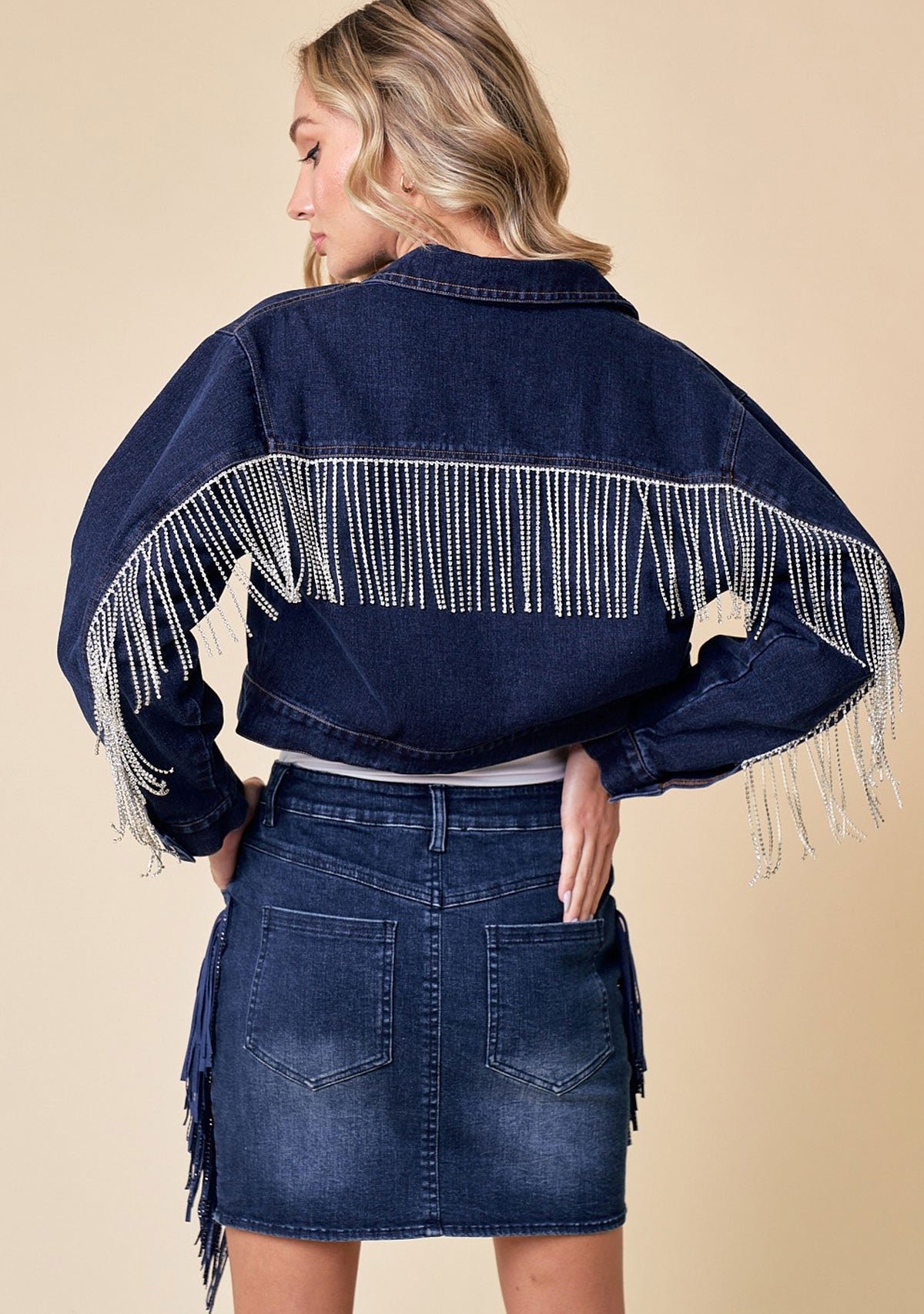 Denim Jacket With Rhinestone Fringe Dark Wash