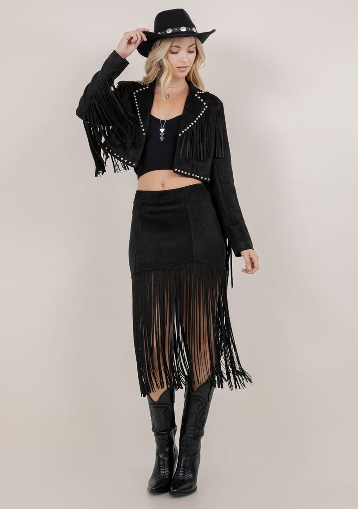 Fringed Faux Suede Skirt Black