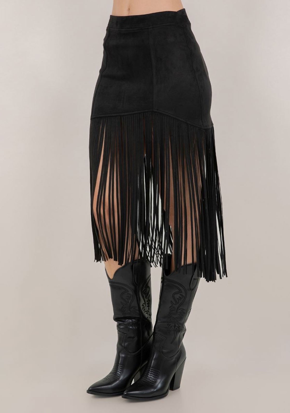 Fringed Faux Suede Skirt Black