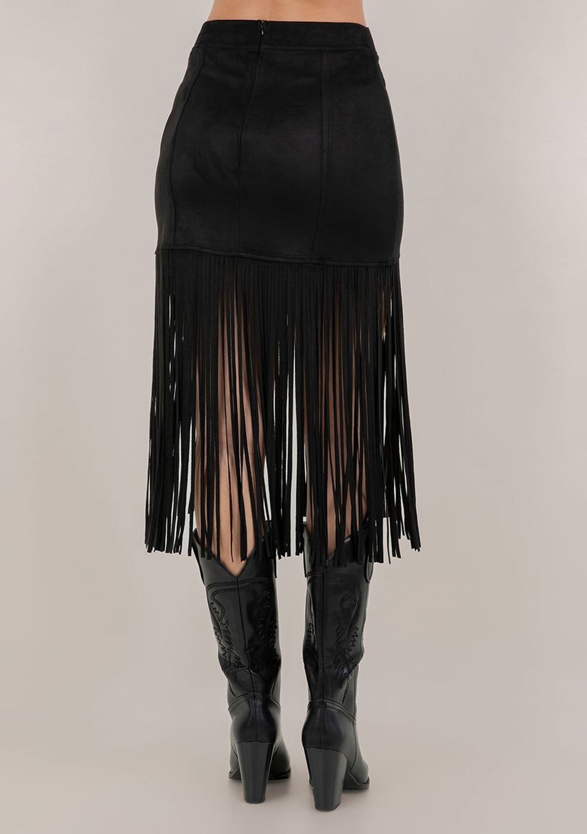 Fringed Faux Suede Skirt Black