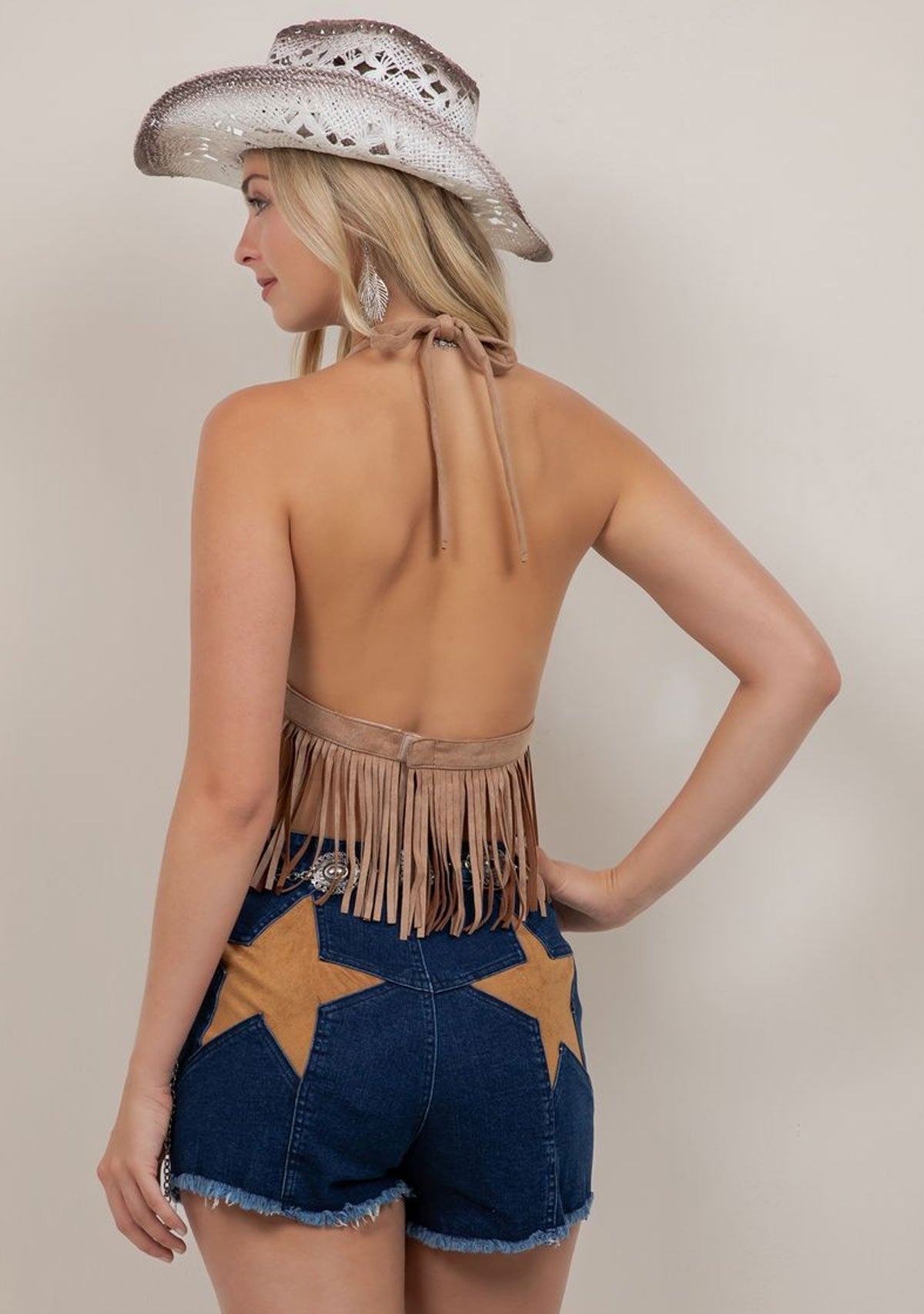 Short Fringe Halter Crop Top Tan Saints & Hearts