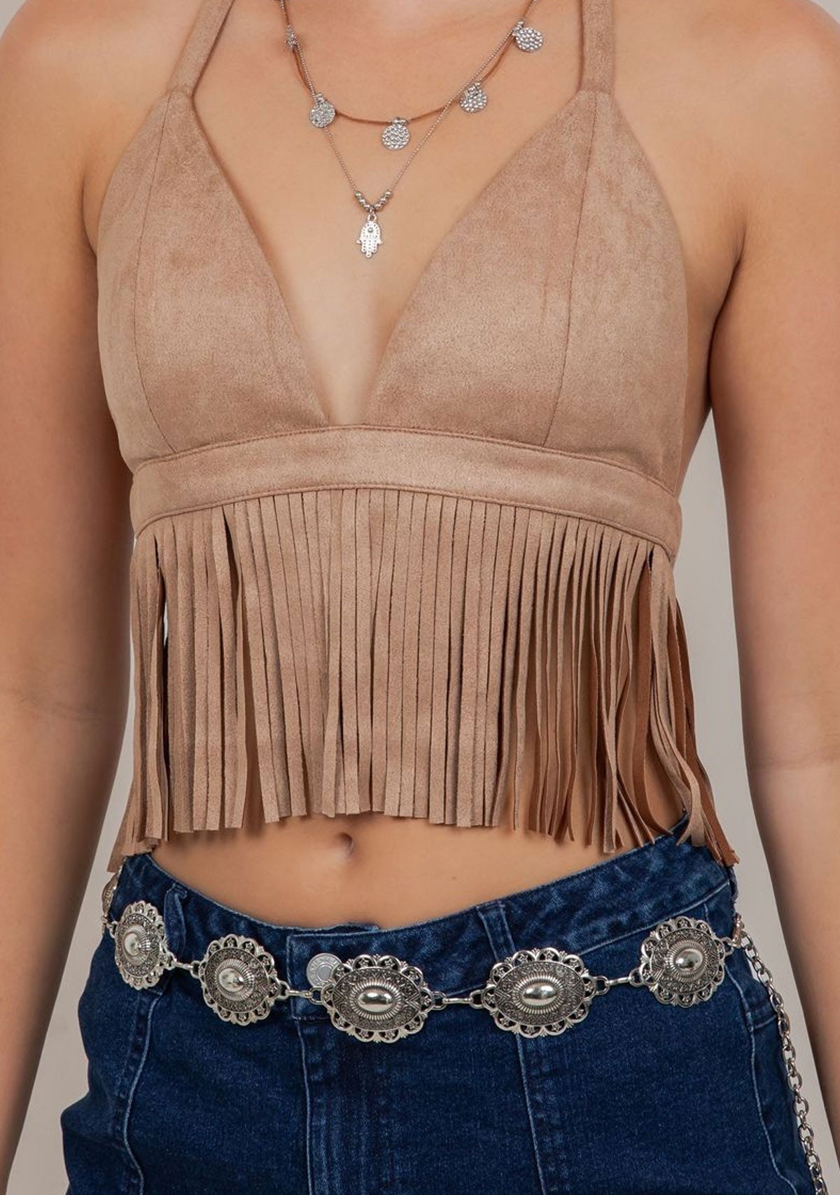 Short Fringe Halter Crop Top Tan Saints & Hearts
