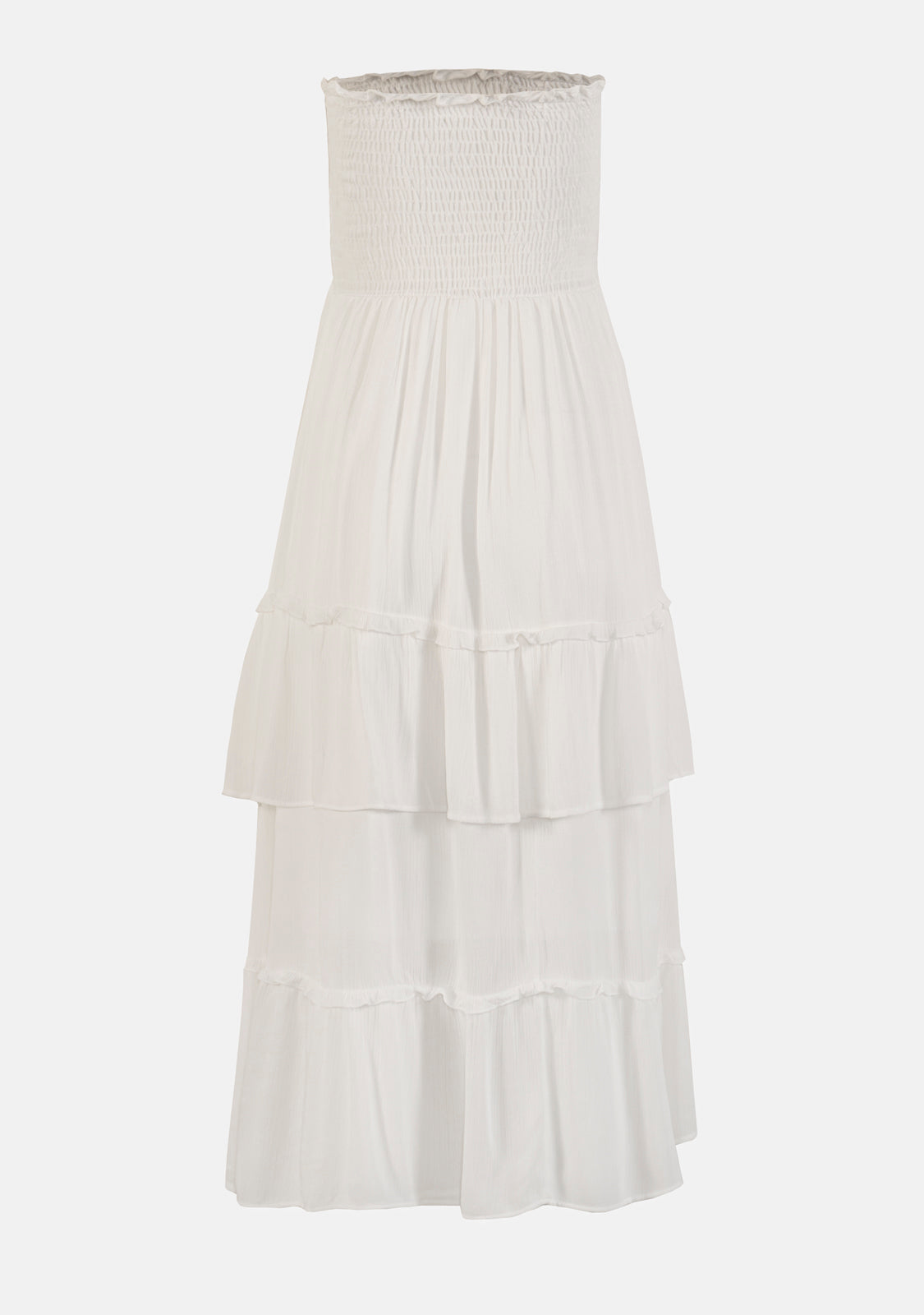 Smocked Tiered Strapless Midi Dress