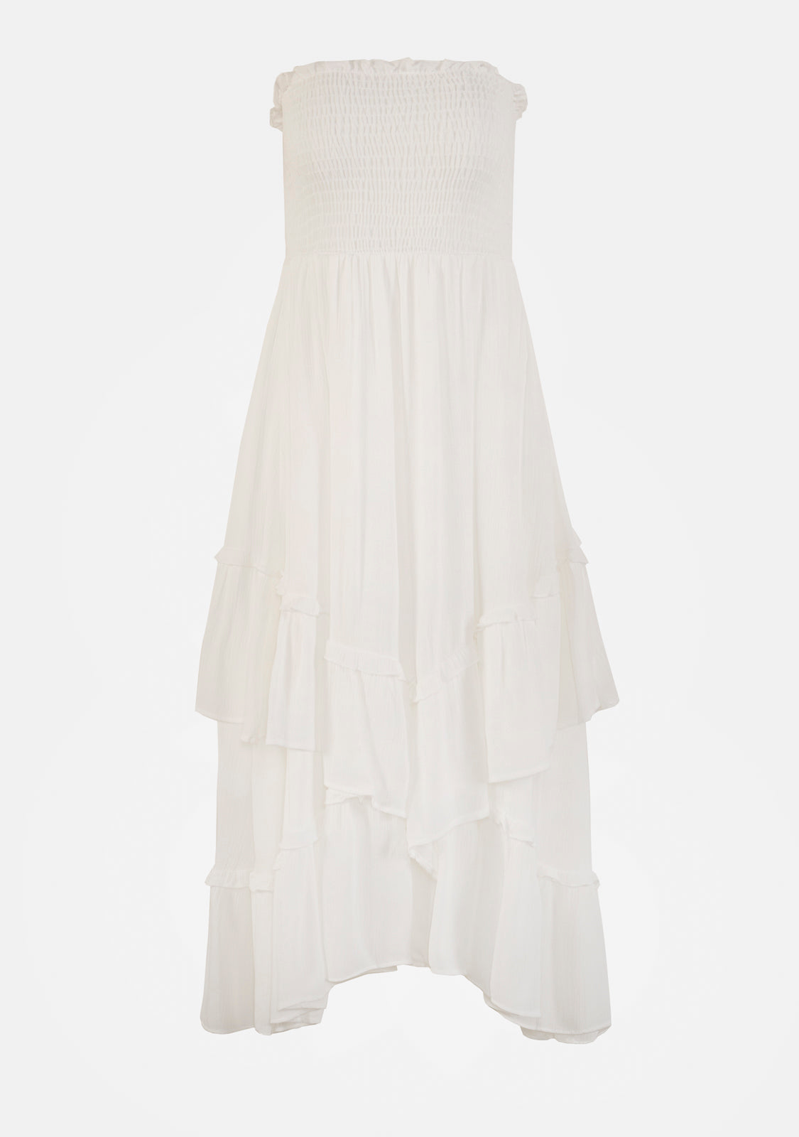 Smocked Tiered Strapless Midi Dress