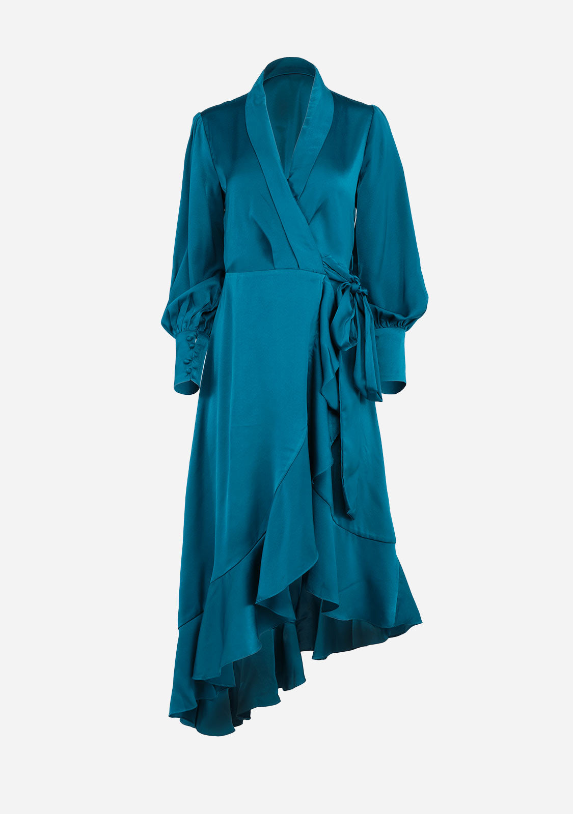 Satin Ruffled Midi Wrap Dress Deep Teal Large at The Latest Scoop