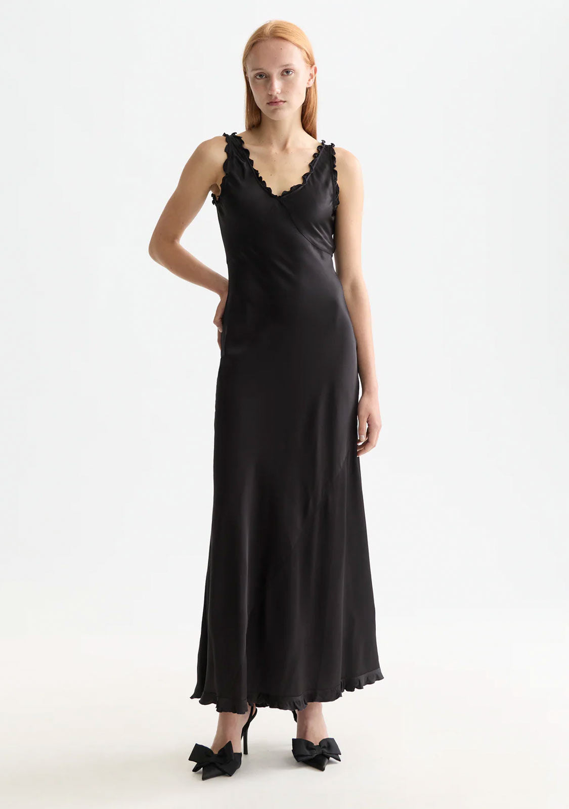 Maxi Slip Dress With Ruffled Edges Meteorite