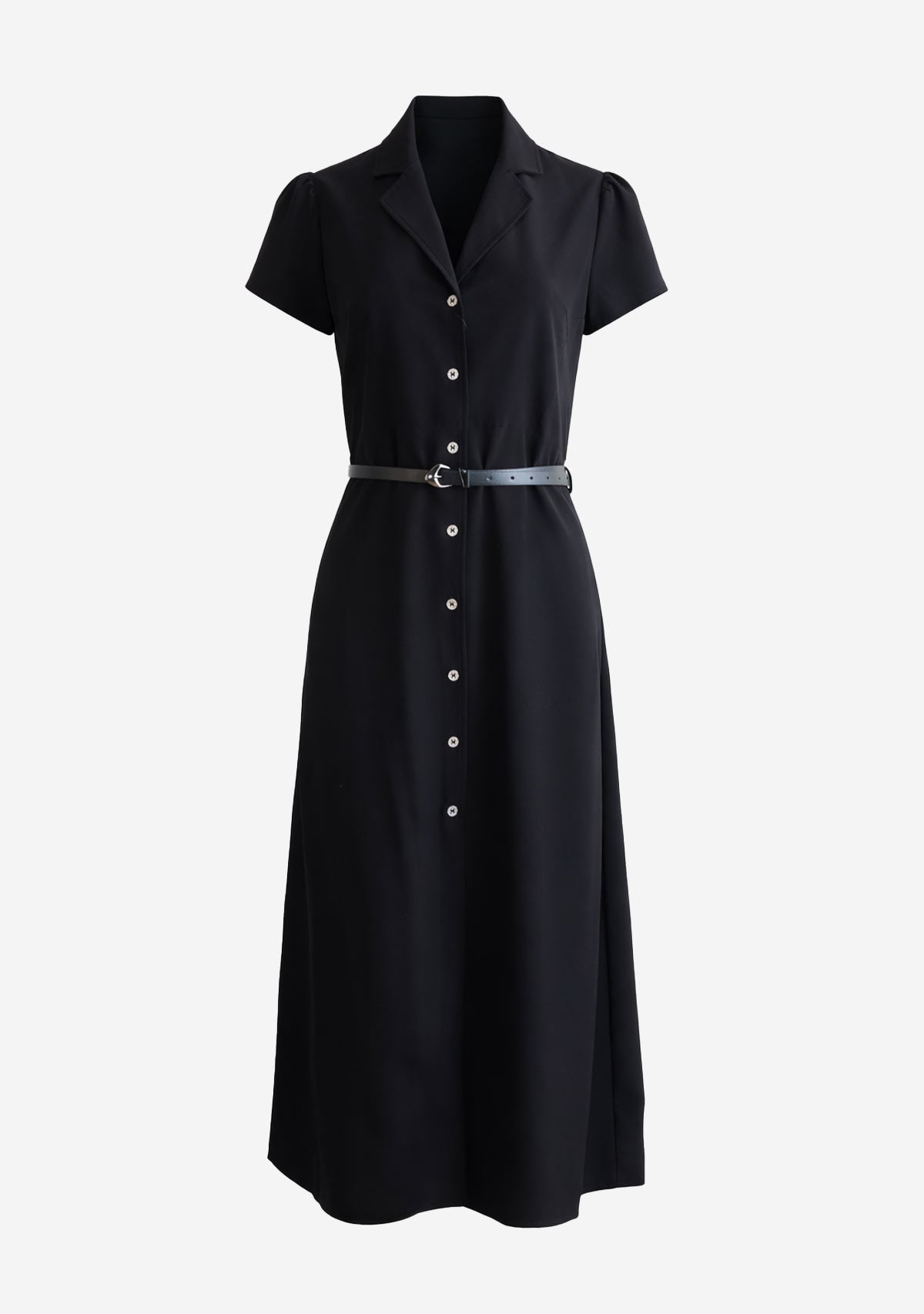 Short Sleeve Button Front Belted Dress Black