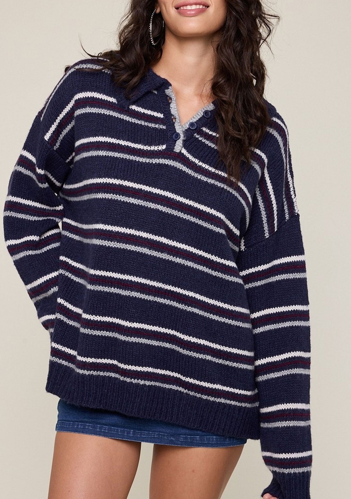 Deep Stripe Collared Long Sleeve Knit Sweater Midnight
