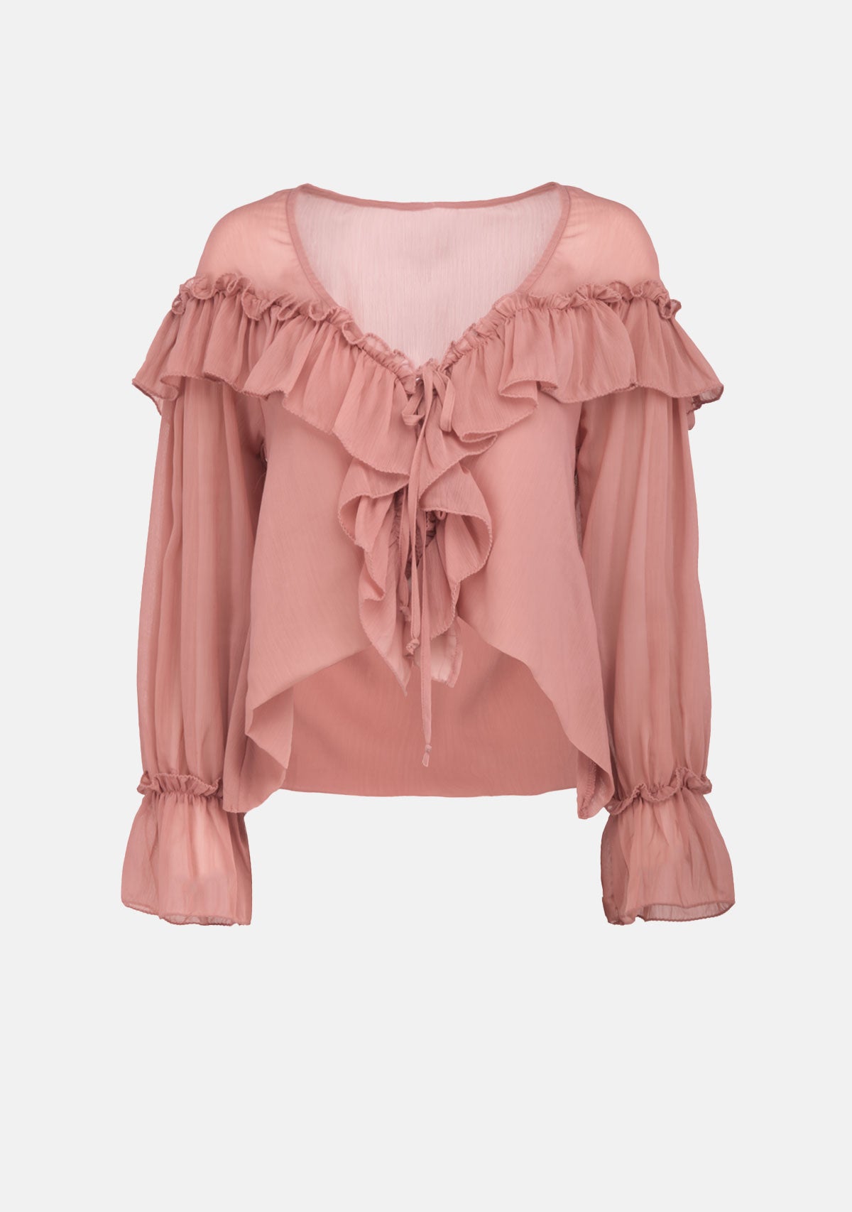 Sheer Long Flare Sleeve Ties Ruffle Lace Blouse Mocha Mousse