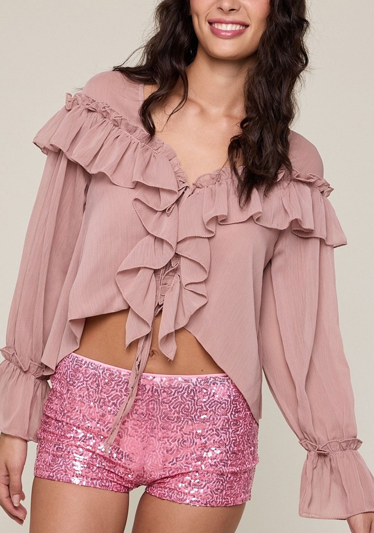 Sheer Long Flare Sleeve Ties Ruffle Lace Blouse Mocha Mousse
