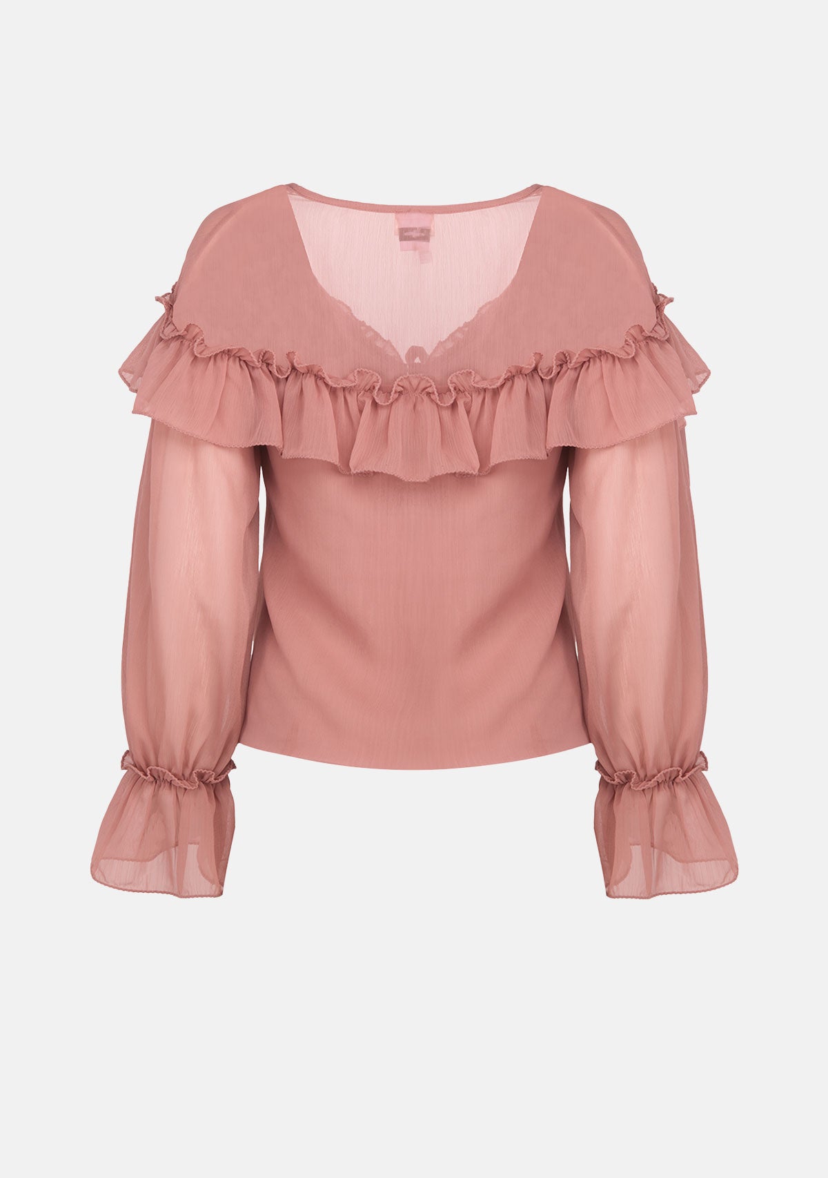 Sheer Long Flare Sleeve Ties Ruffle Lace Blouse Mocha Mousse