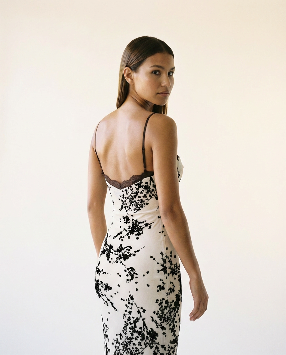 Robe midi en velours dévoré à bonnets spaghetti et résille