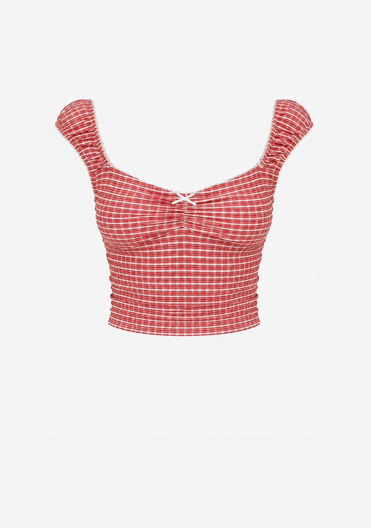 Plaid Lace Trim Front Ribbon Bow Detail Knit Top