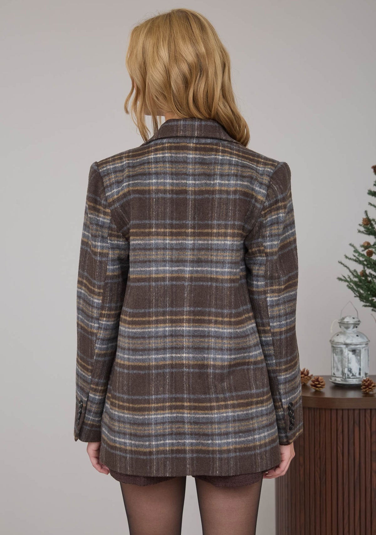 Plaid Notch Collar Button Front Long Line Coat Brown Multi