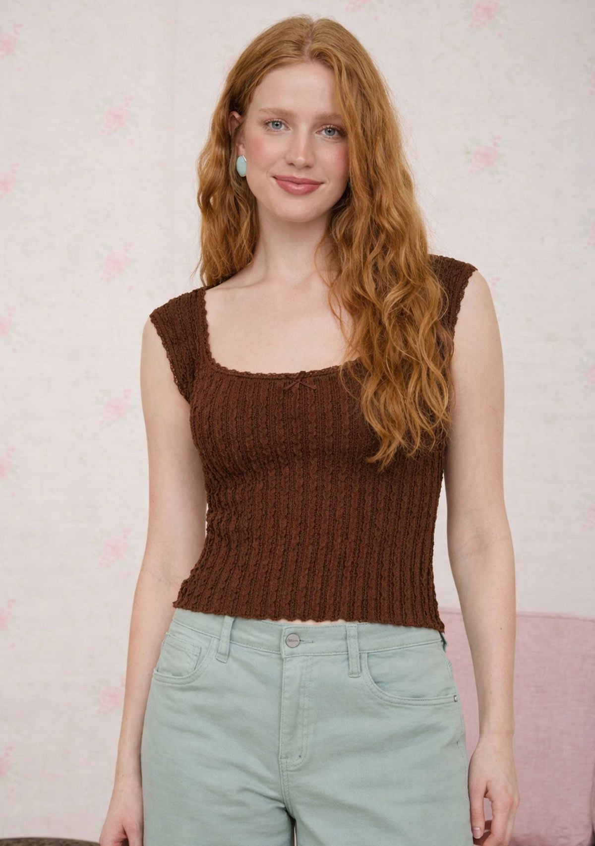 Textured Ribbed Pattern Short Sleeve Knit Top Brown The Workshop
