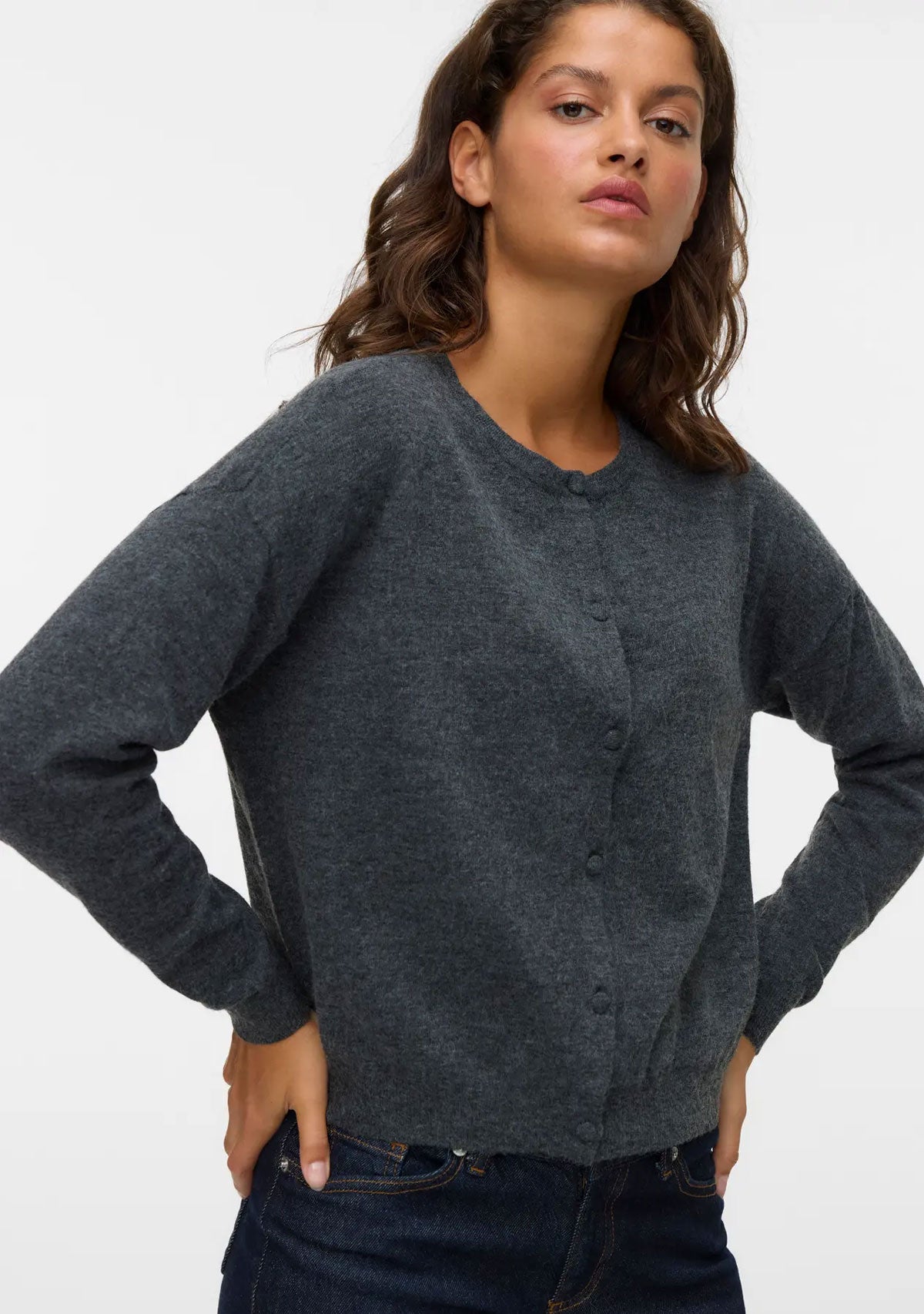 Vmmarina Ls O-neck Cardigan Noos Dark Grey Melange