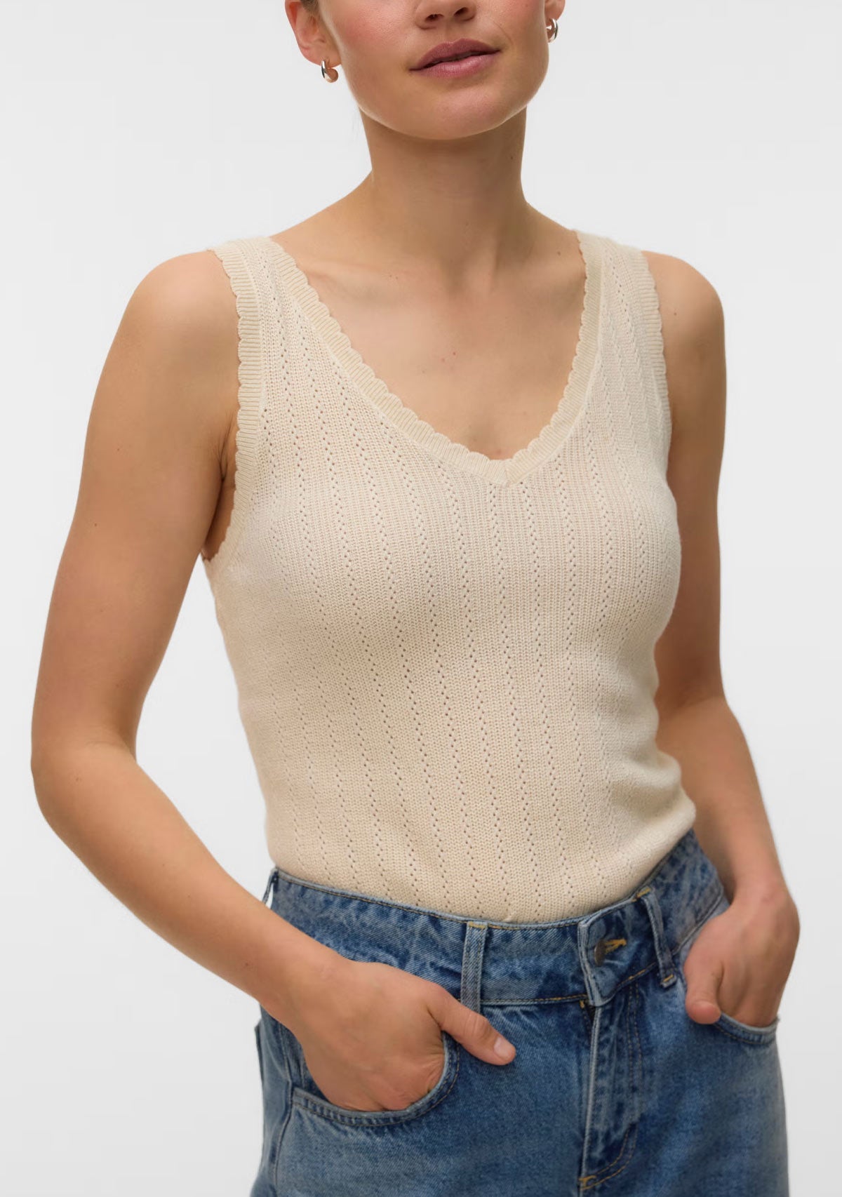 Vm New Lex Pointelle V-Neck Top Noos Birch Vero Moda