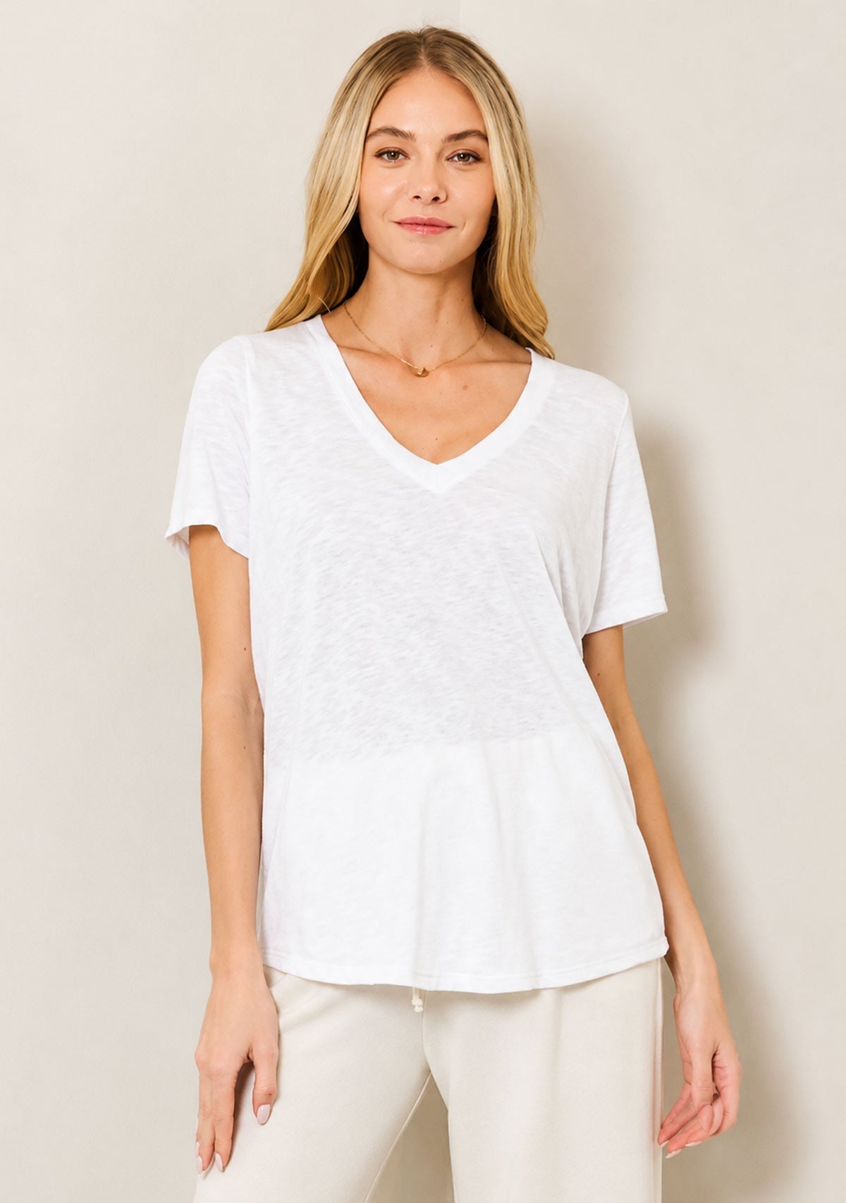 Hacci Slub V-Neck Band Tee Ivory Wasabi + Mint