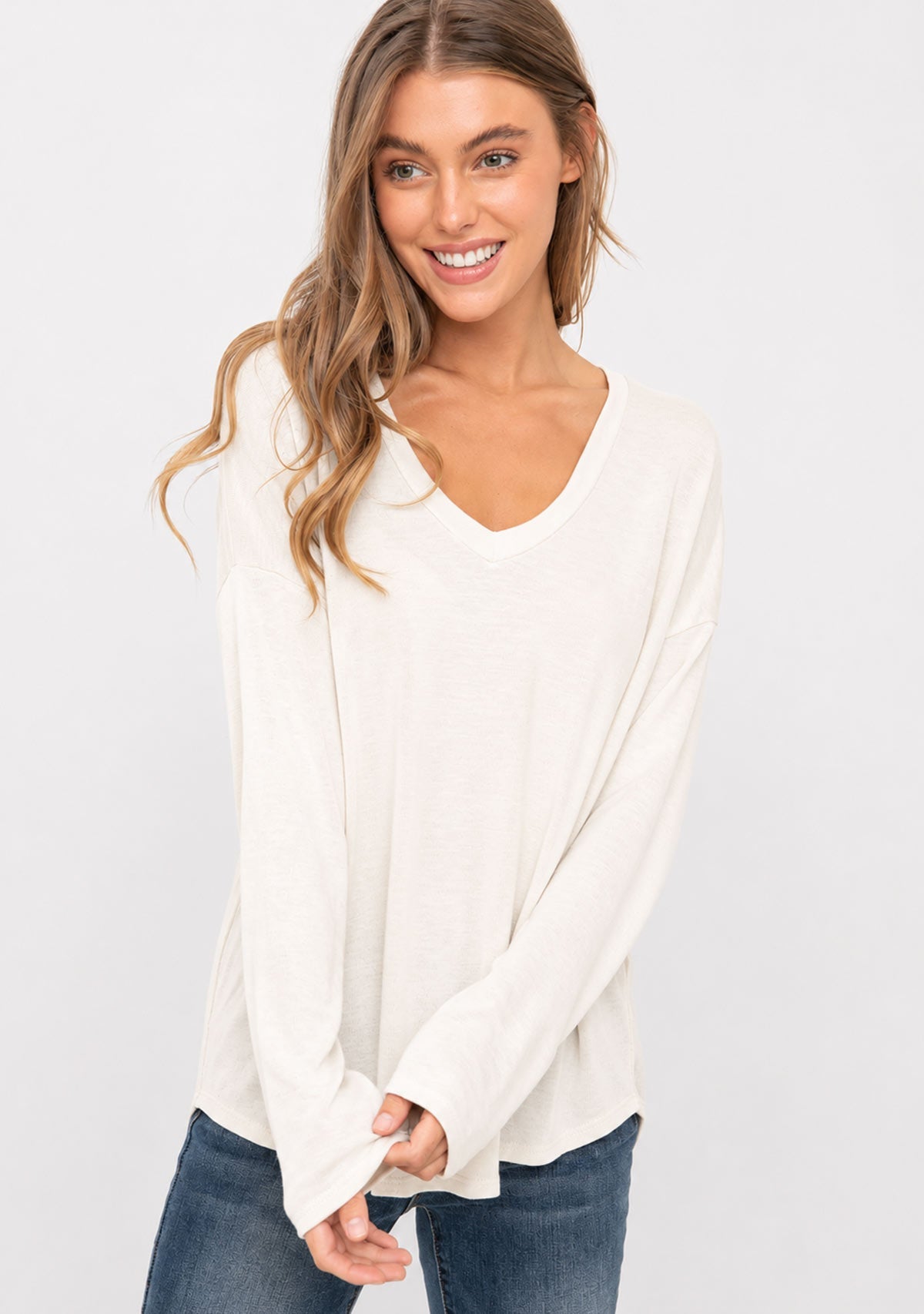 Hacci Slub V-Neck Drop Shoulder L/S Top Ivory The Latest Scoop