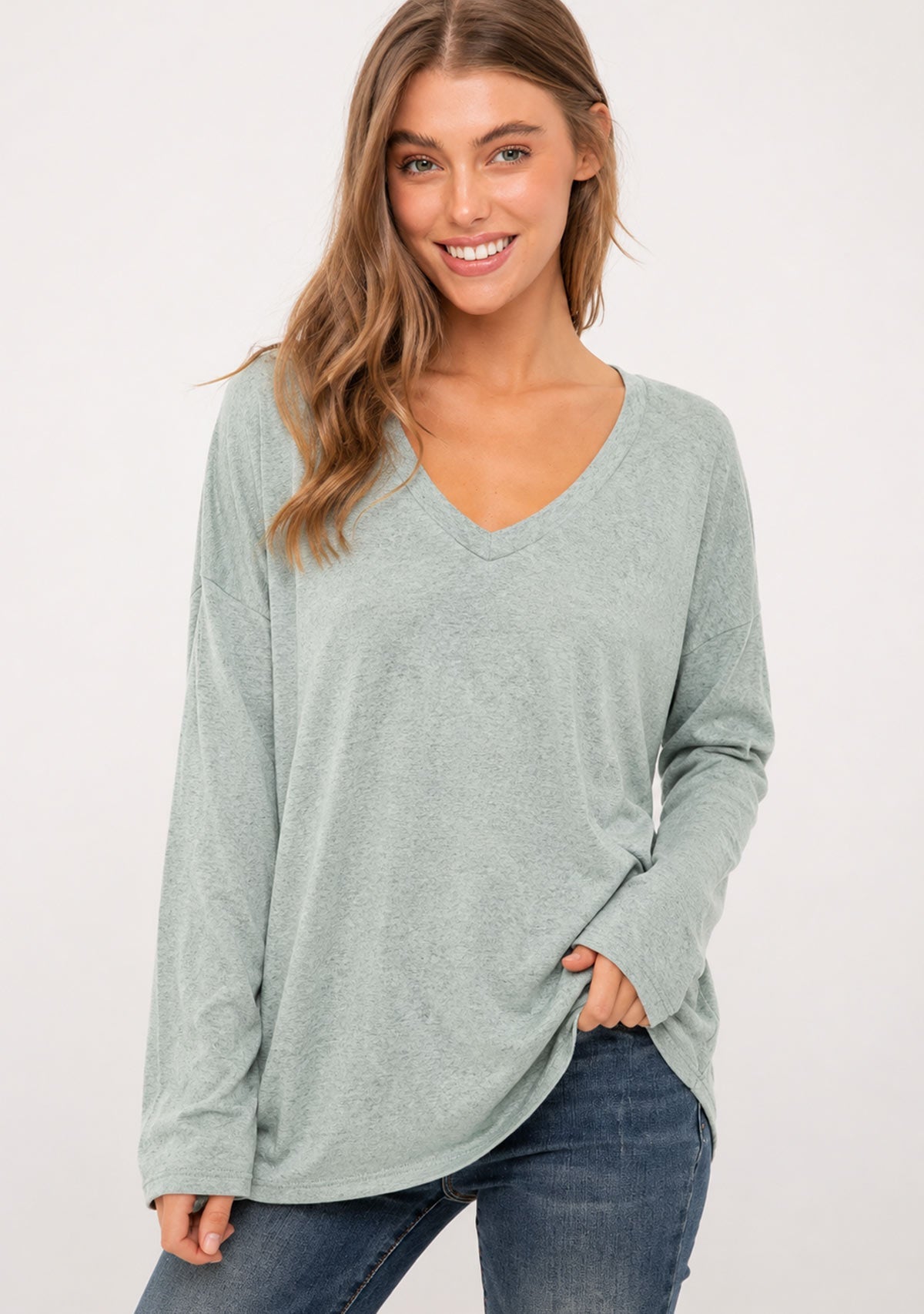 Hacci Slub V-Neck Drop Shoulder L/S Top Seagrass The Latest Scoop