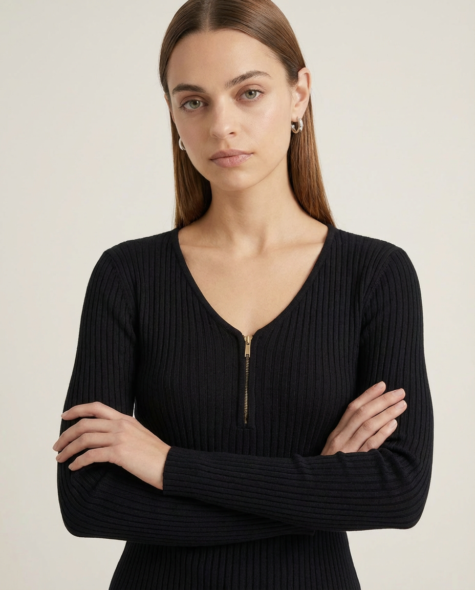 Zip Front Fitted Long Sleeve Top Black Slow High