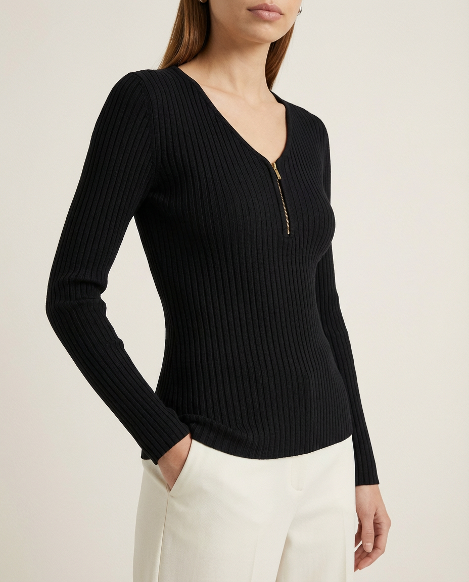 Zip Front Fitted Long Sleeve Top Black Slow High