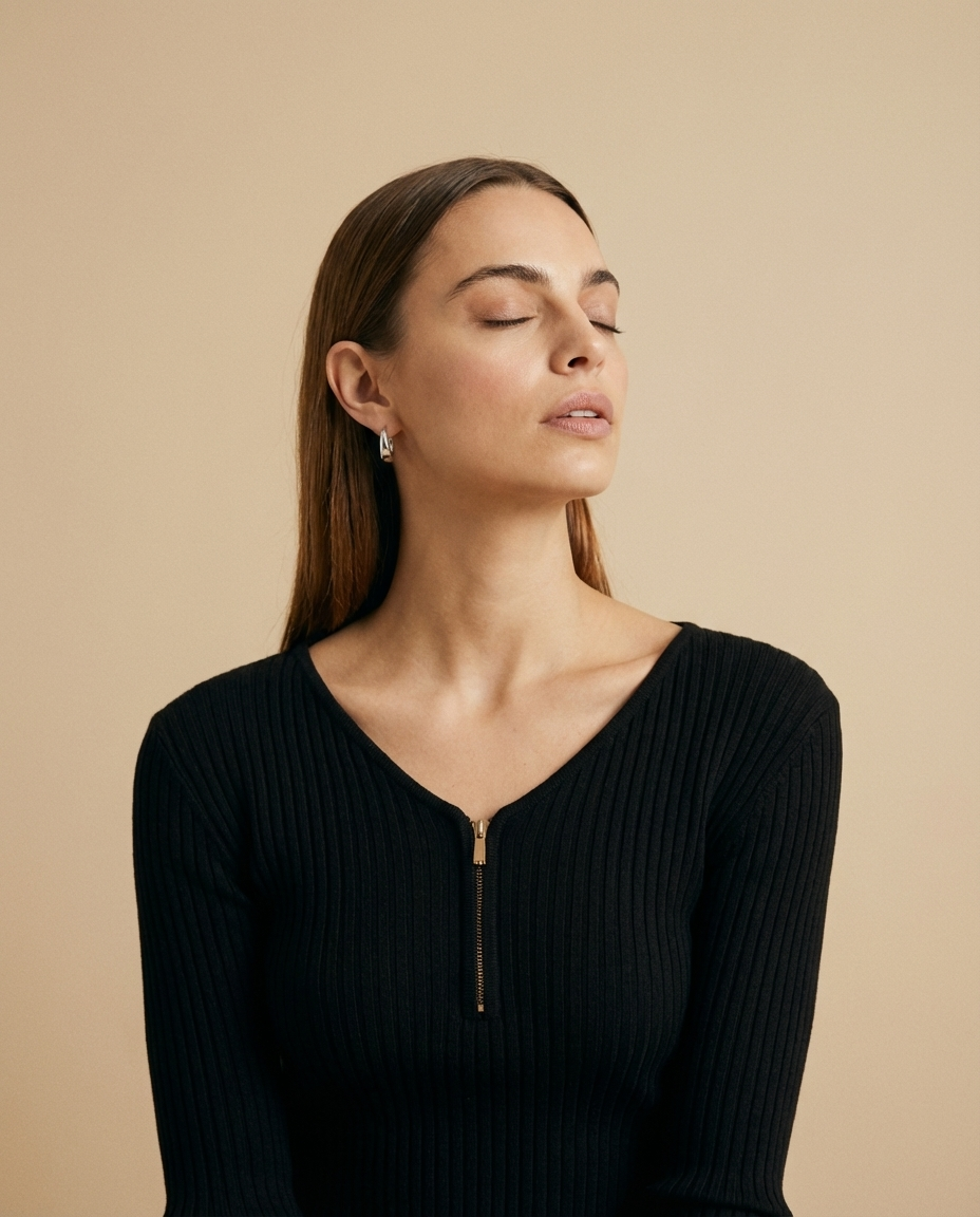 Zip Front Fitted Long Sleeve Top Black Slow High