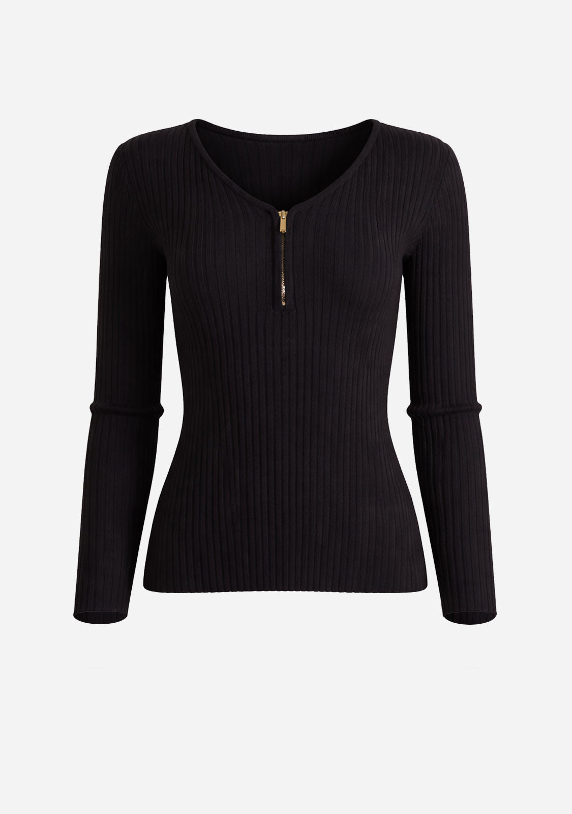 Zip Front Fitted Long Sleeve Top Black
