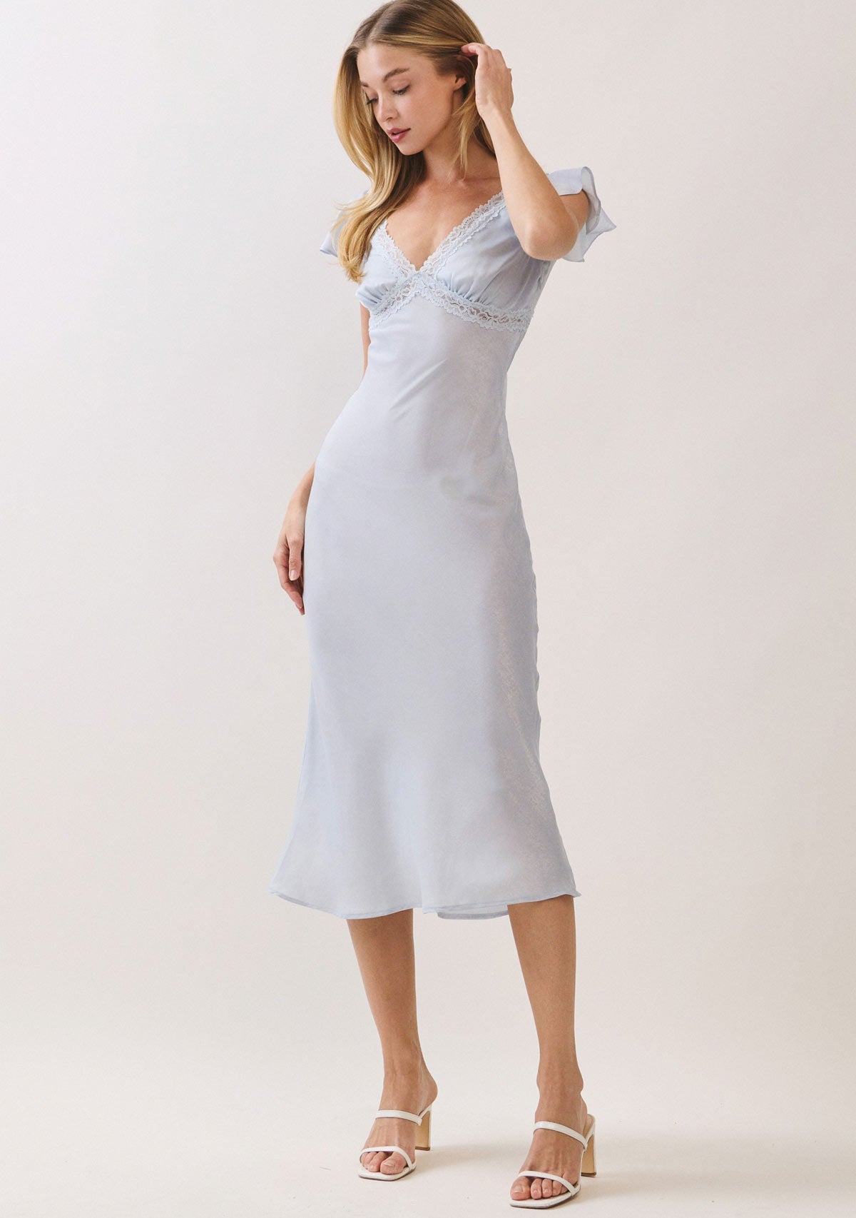 Satin Lace Trim Bias Cut Midi Dress Sky
