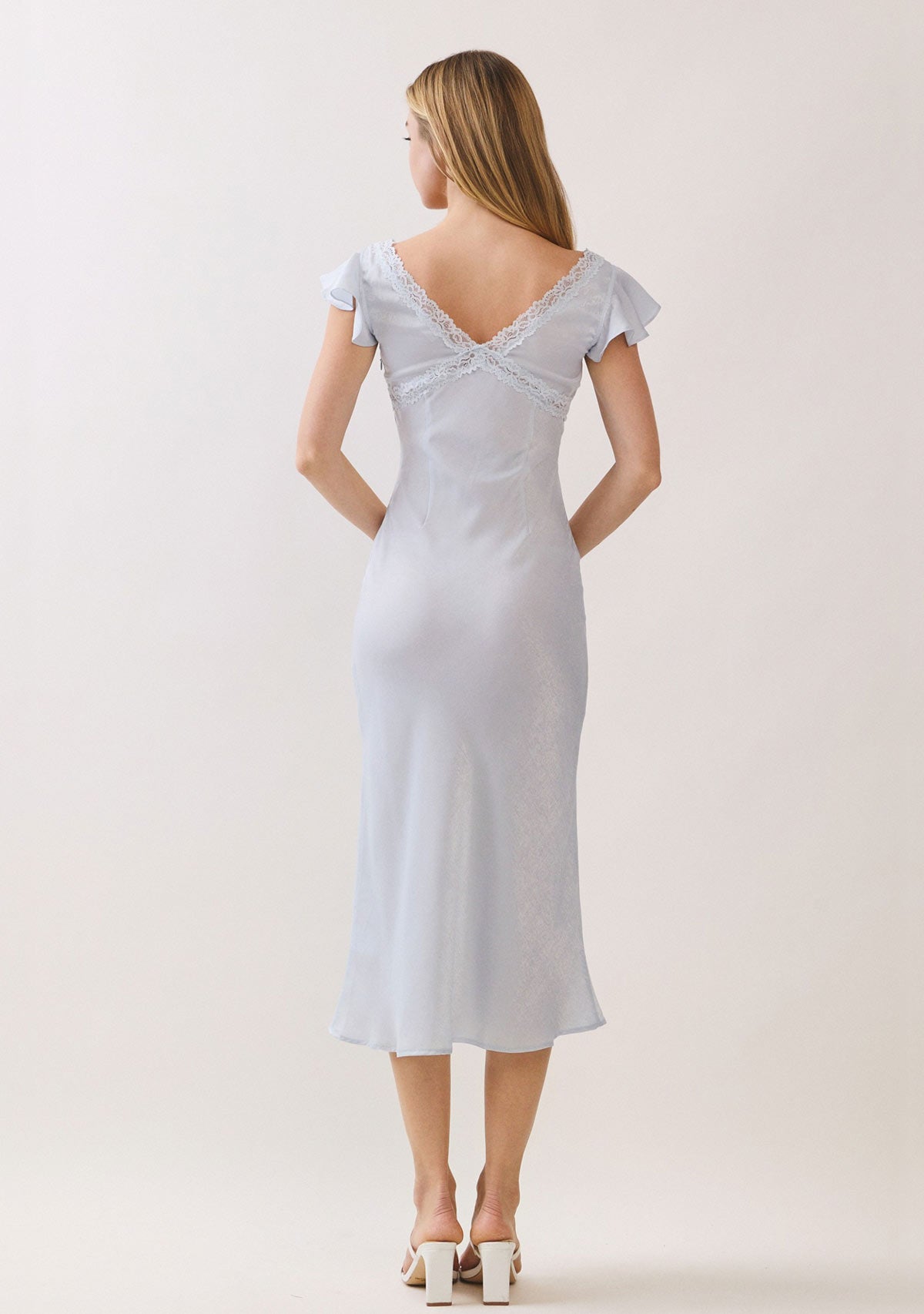 Satin Lace Trim Bias Cut Midi Dress Sky