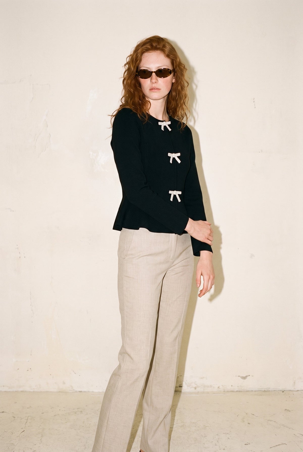 Jewel Bow Front Knit Top Black Mable