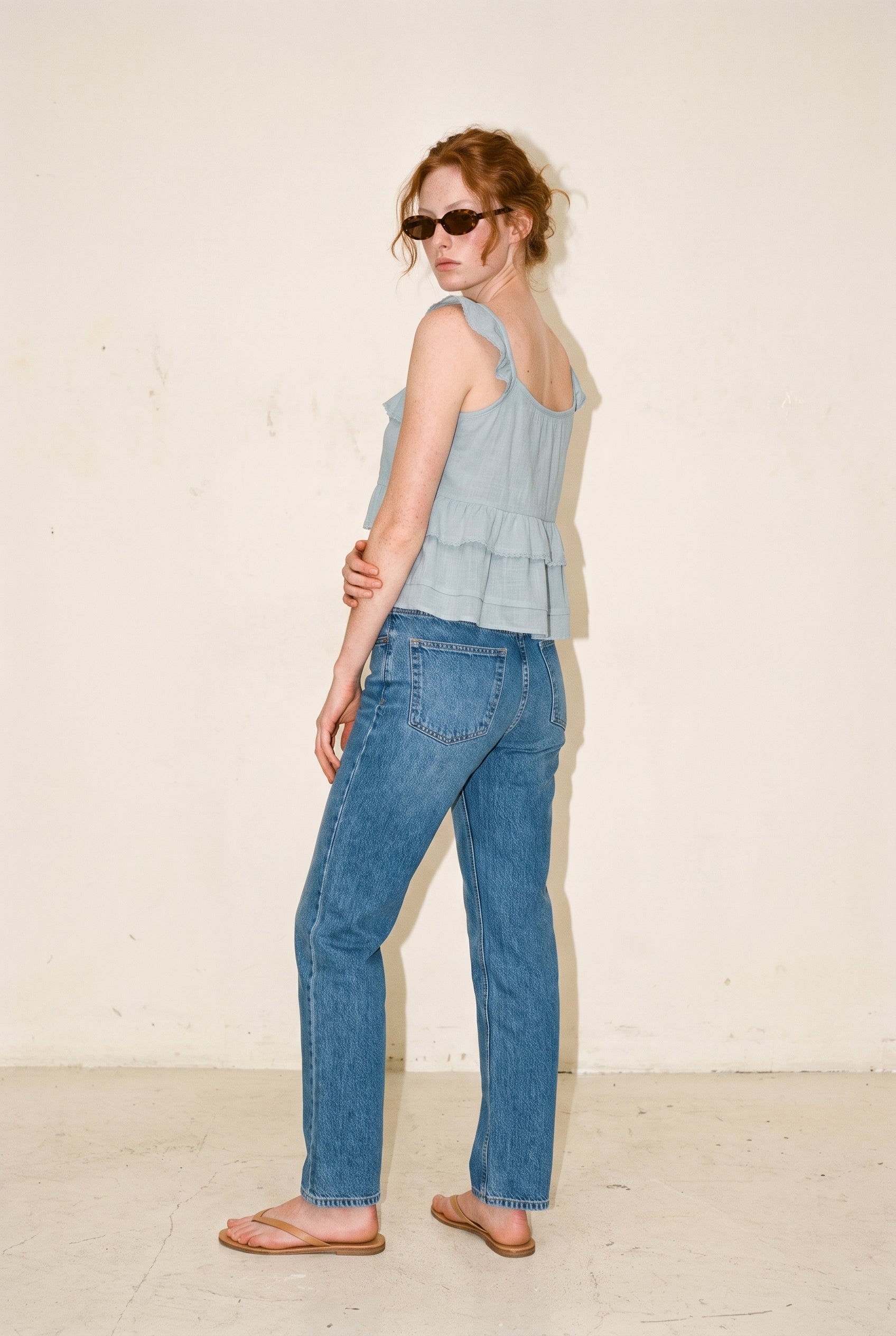 Ceci Tie Front Ruffle Trim Top Dusty Blue Creamon
