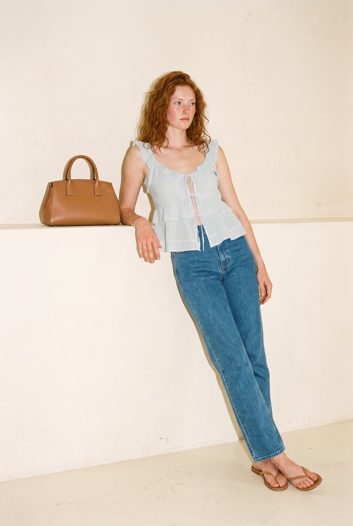 Ceci Tie Front Ruffle Trim Top Dusty Blue Creamon