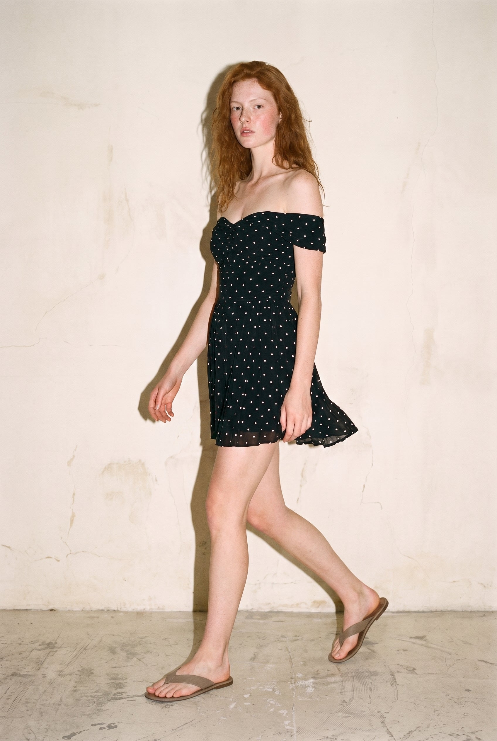Polka Dot Pleated Off Shoulder Mini Dress